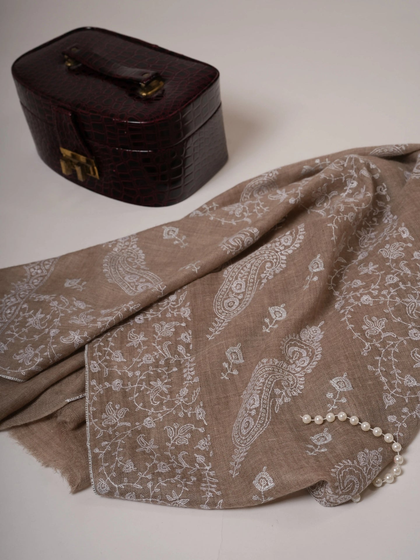 Handwoven Natural Grey Cashmere Scarf with White Embroidery Shahkaar