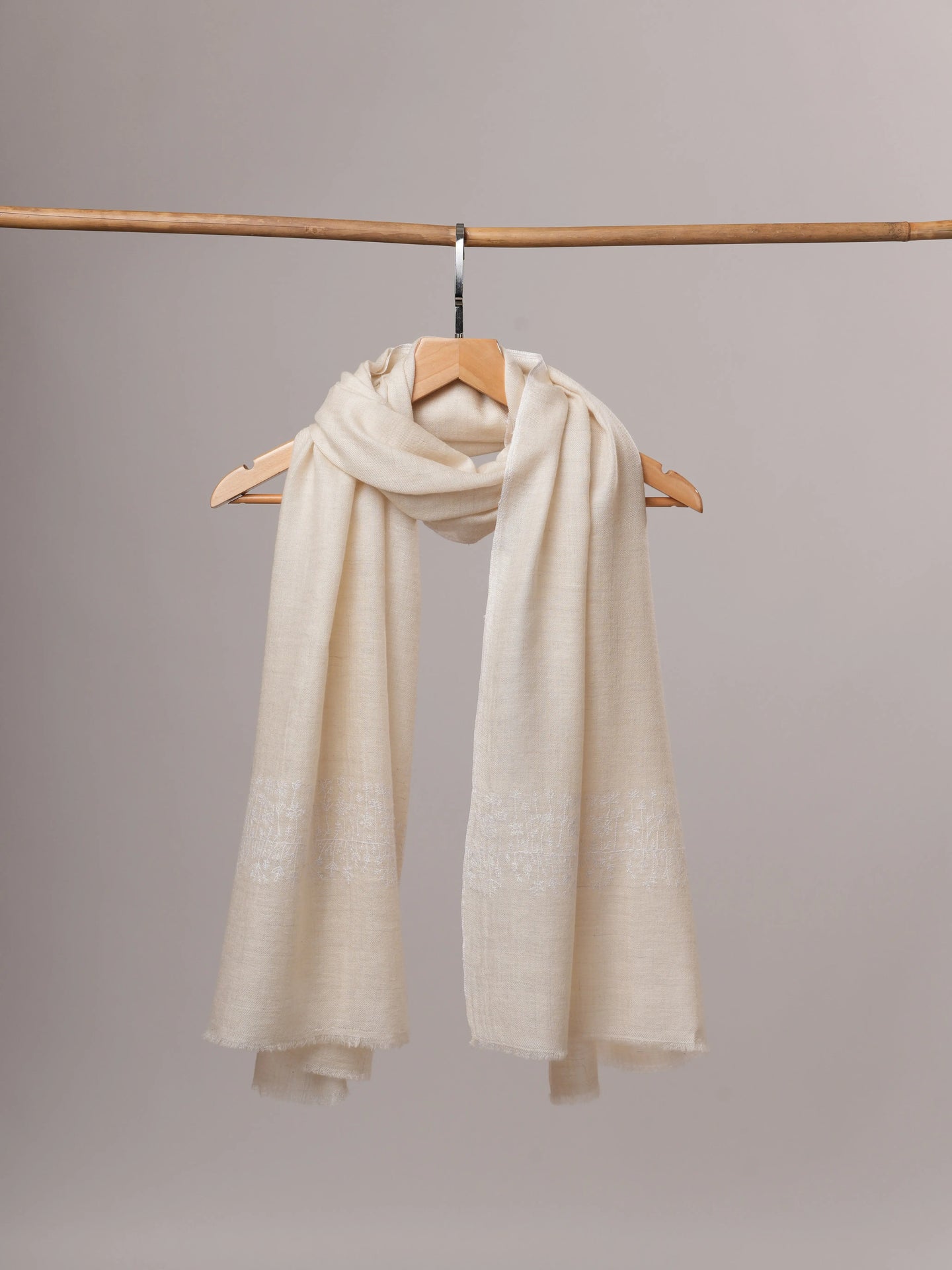 Handwoven Off White Cashmere Scarf with Tonal Palla Embroidery Shahkaar