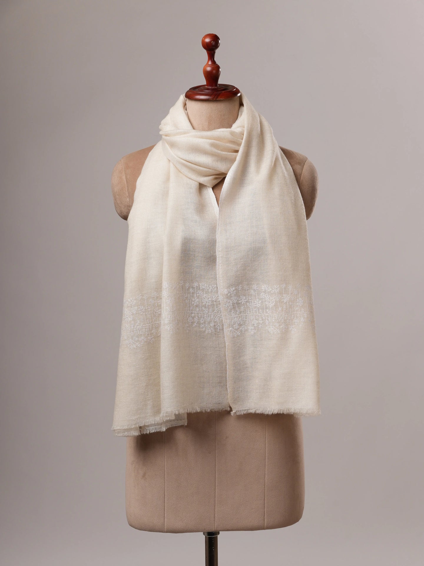 Handwoven Off White Cashmere Scarf with Tonal Palla Embroidery Shahkaar