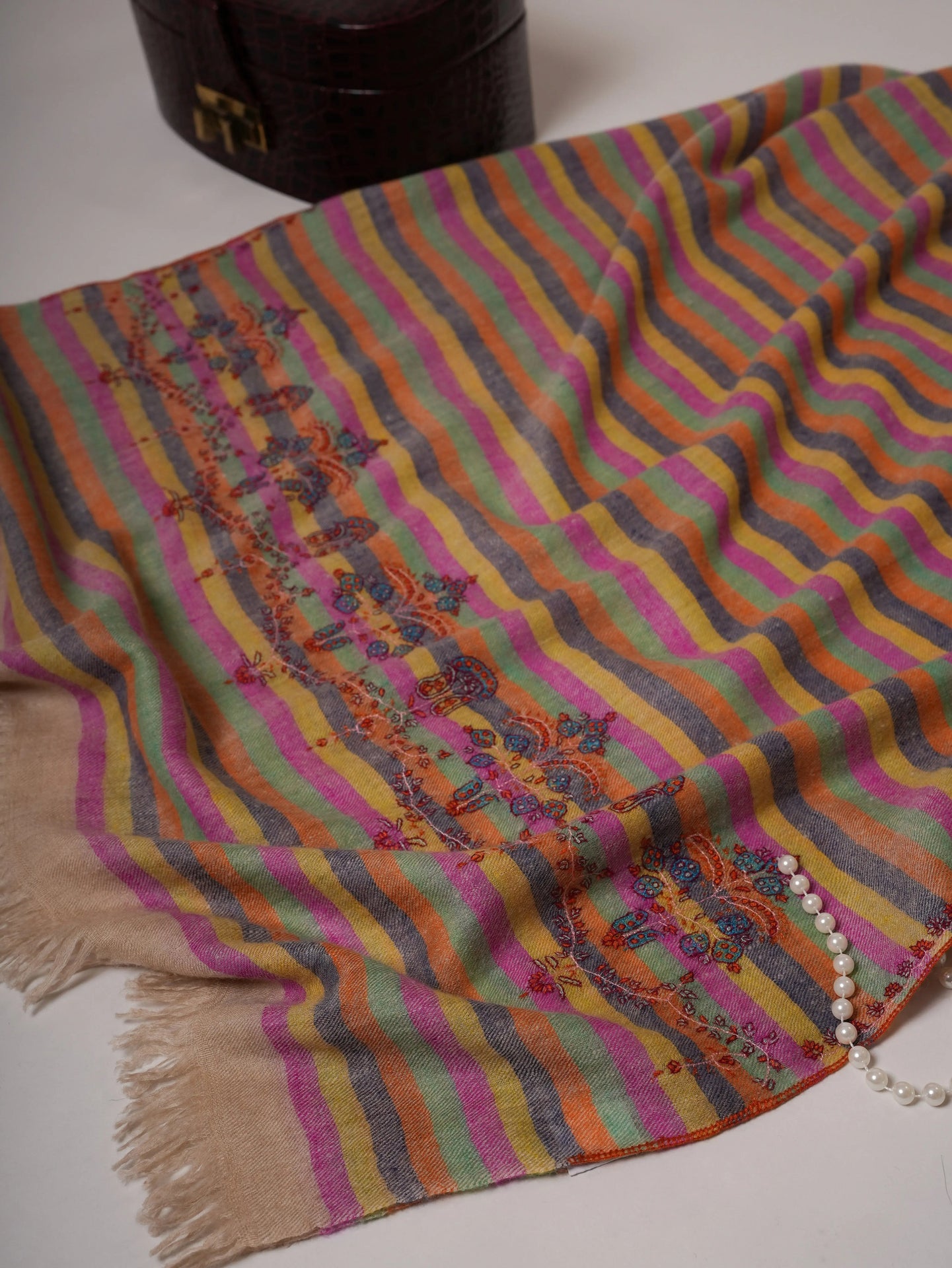 Handwoven Stripe Cashmere Scarf with Minimal Palla Embroidery Shahkaar