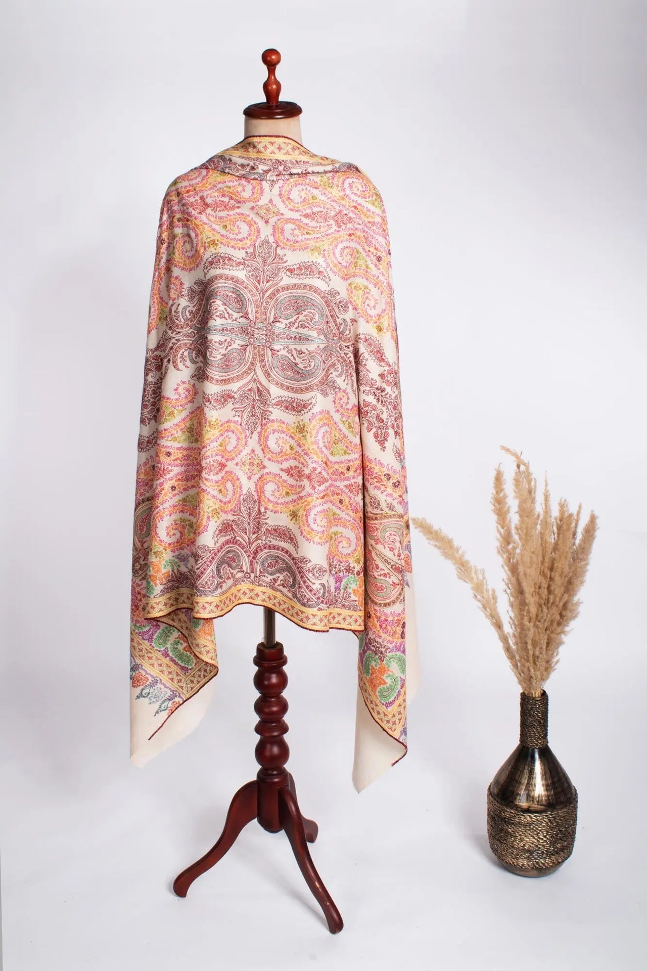 Ivory Hand Embroidered Kashmiri Pashmina Shawl - ATMORE Shahkaar