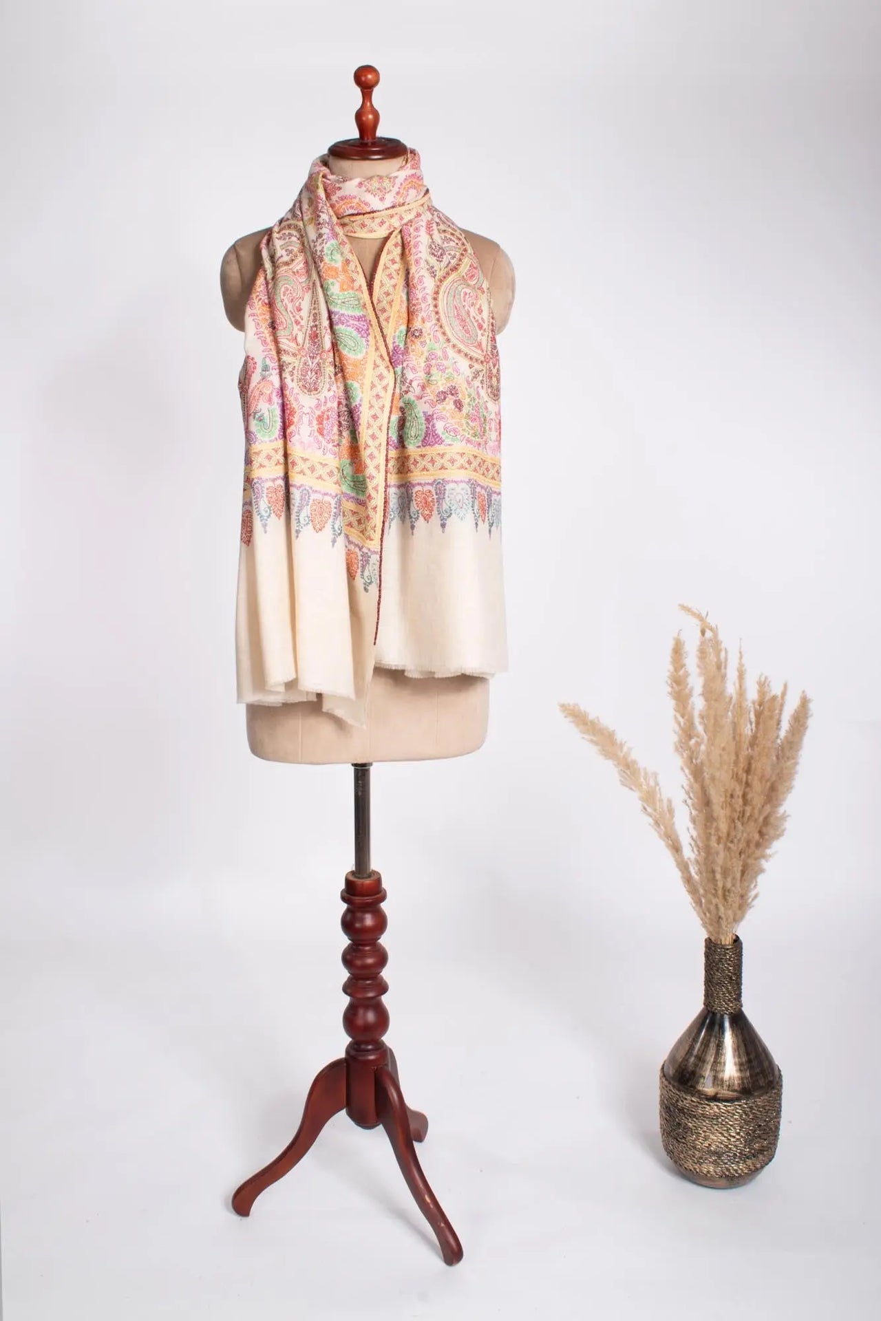 Ivory Hand Embroidered Kashmiri Pashmina Shawl - ATMORE Shahkaar