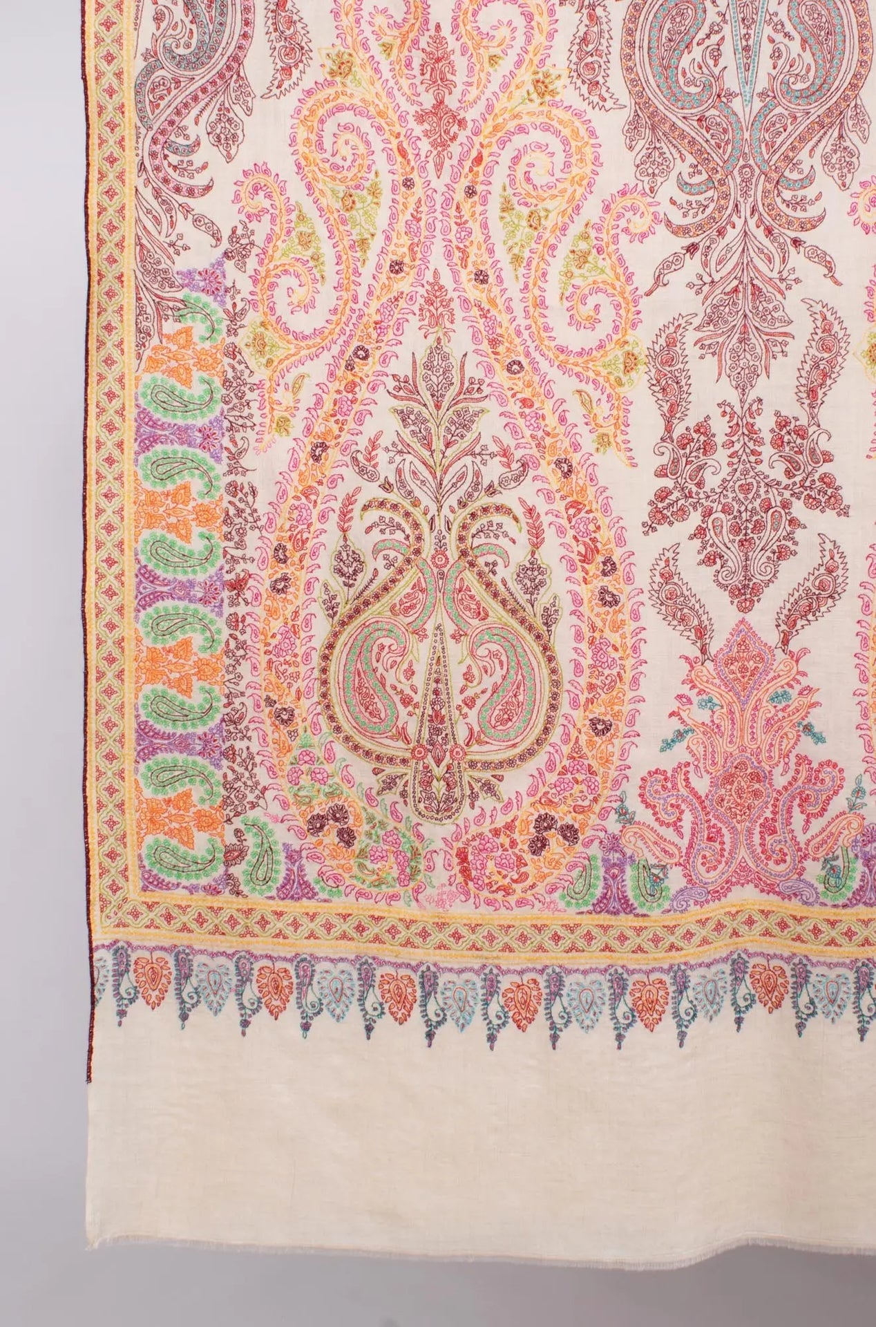 Ivory Hand Embroidered Kashmiri Pashmina Shawl - ATMORE Shahkaar