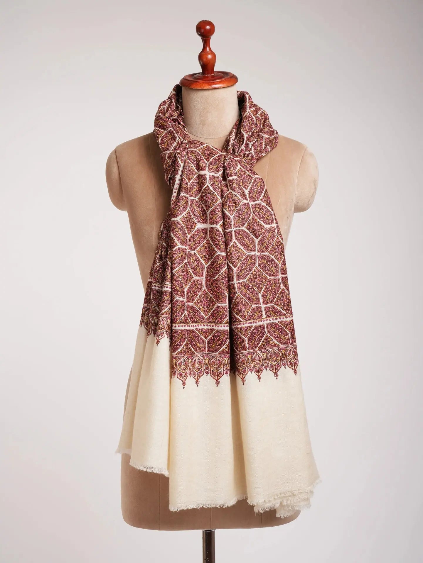Ivory Khatam Band Embroidered Motif Timeless Pashmina Jamavar Shawl Shahkaar