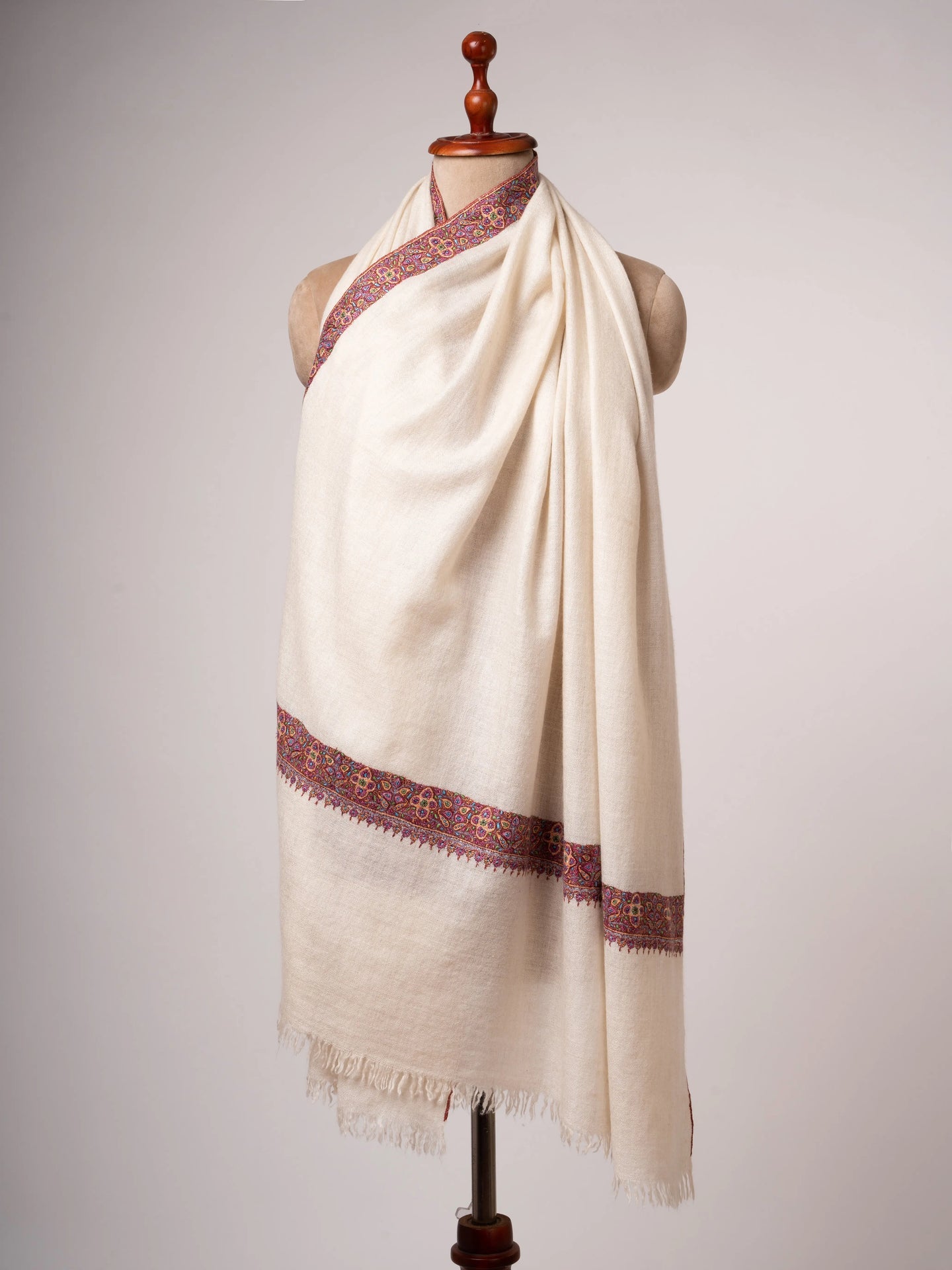 Ivory Neem Daur Pashmina Shawl Handspun Handloomed & Embroidered Shahkaar