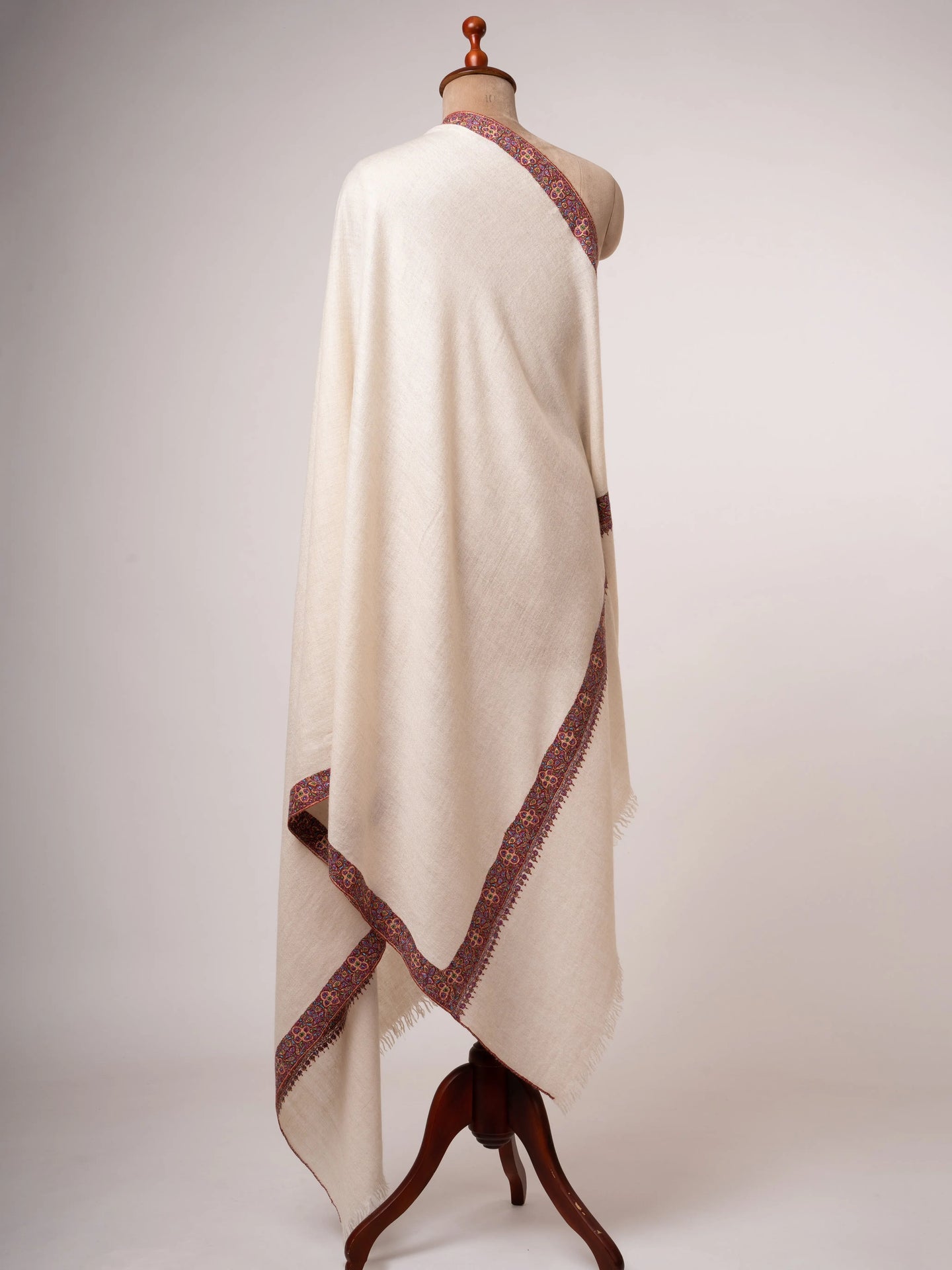 Ivory Neem Daur Pashmina Shawl Handspun Handloomed & Embroidered Shahkaar