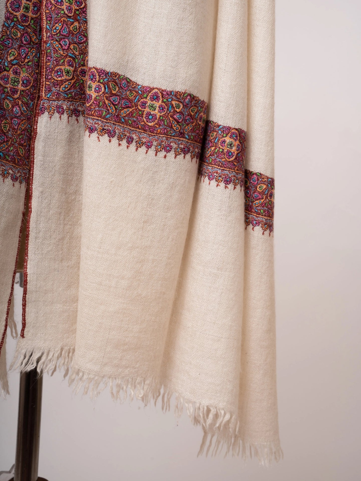 Ivory Neem Daur Pashmina Shawl Handspun Handloomed & Embroidered Shahkaar