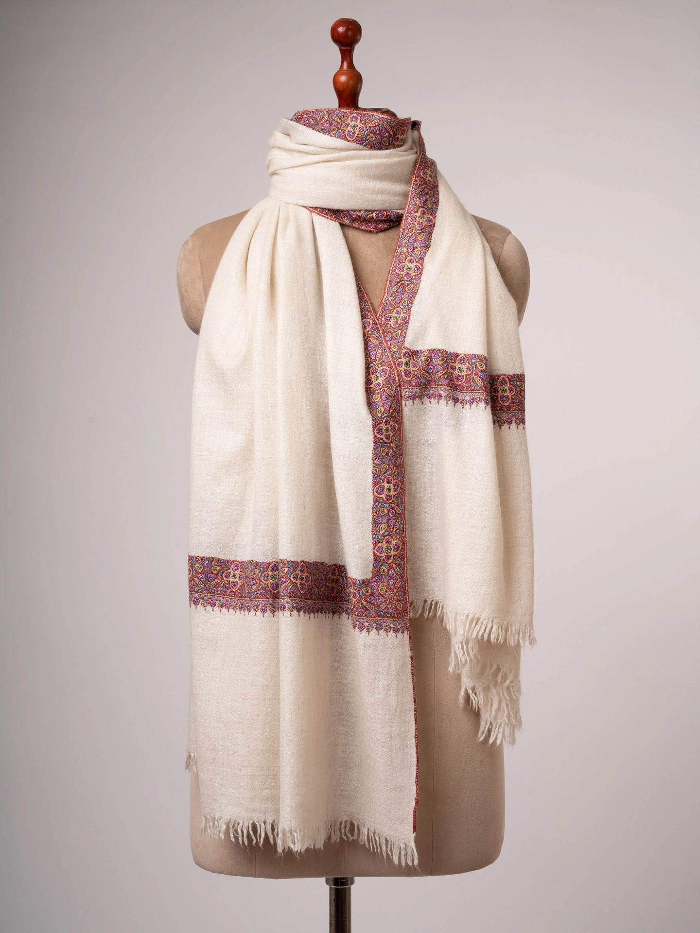 Ivory Neem Daur Pashmina Shawl Handspun Handloomed & Embroidered Shahkaar