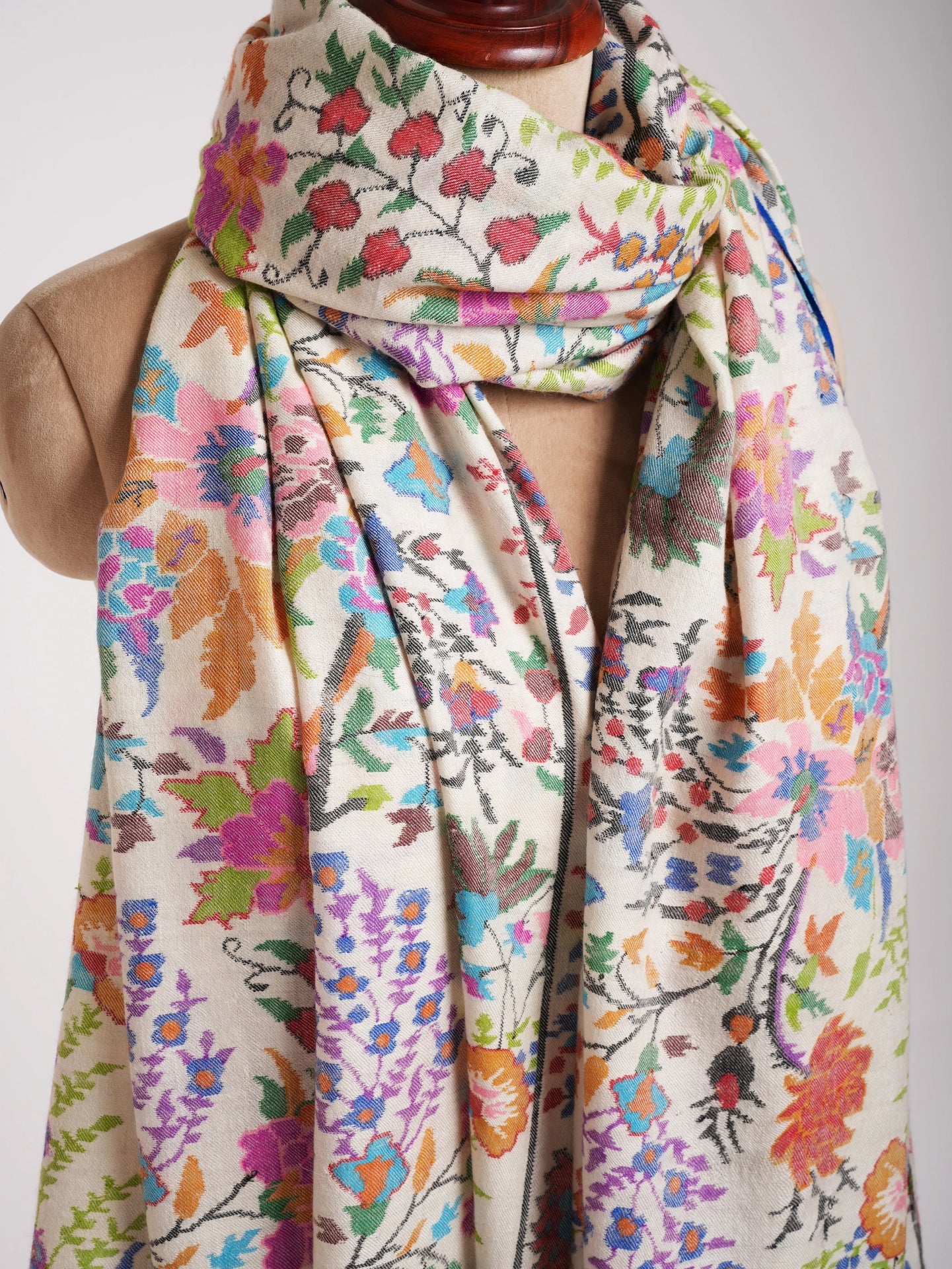 Ivory Oversized Handwoven Kani Shawl with Floral Motifs Shahkaar