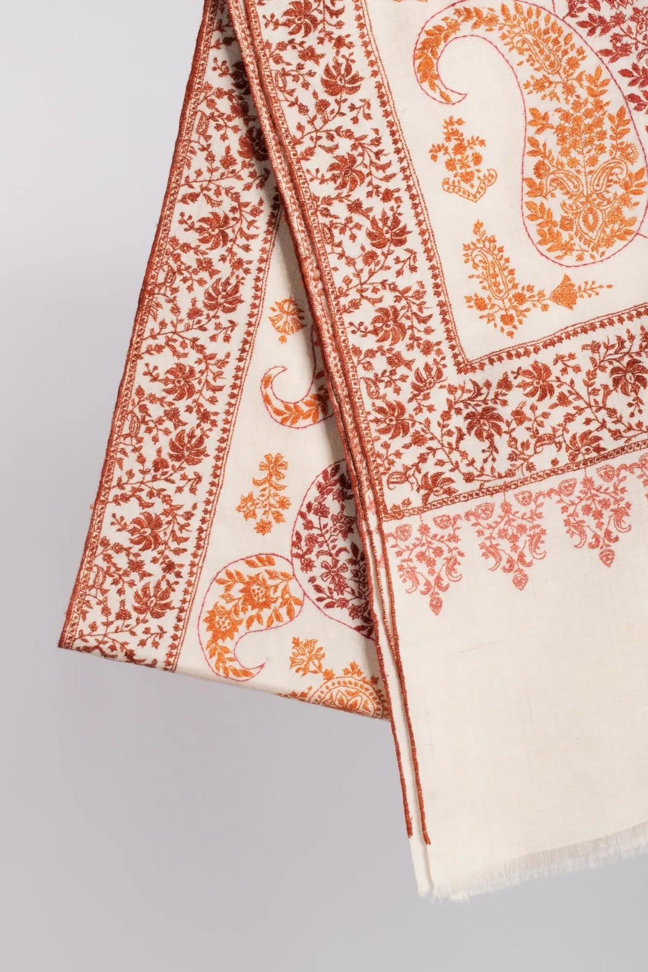 Ivory Paisley Embroidered Pashmina Shawl - FOWEY Shahkaar