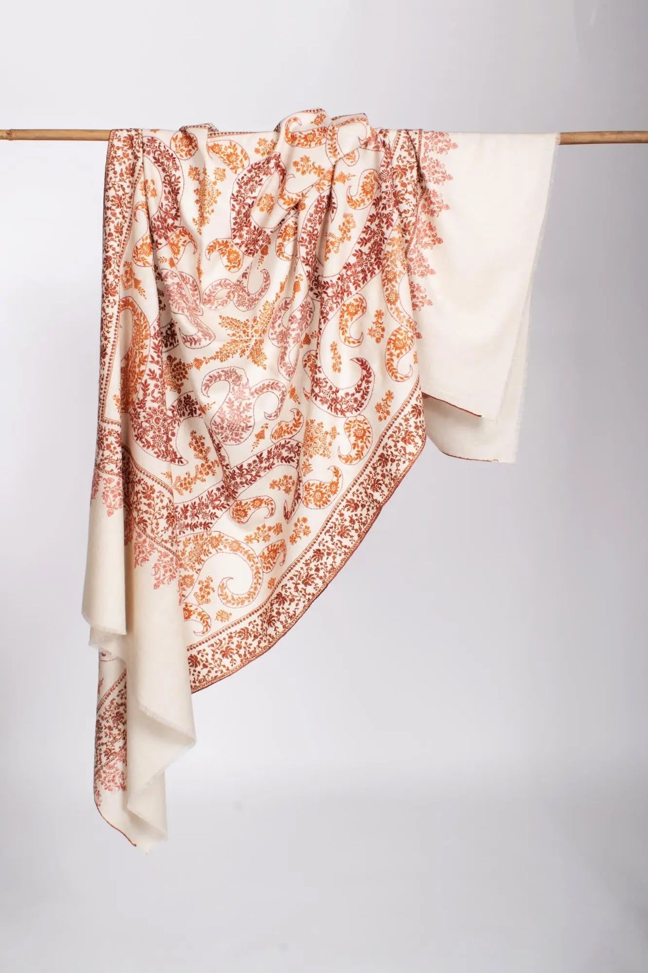 Ivory Paisley Embroidered Pashmina Shawl - FOWEY Shahkaar