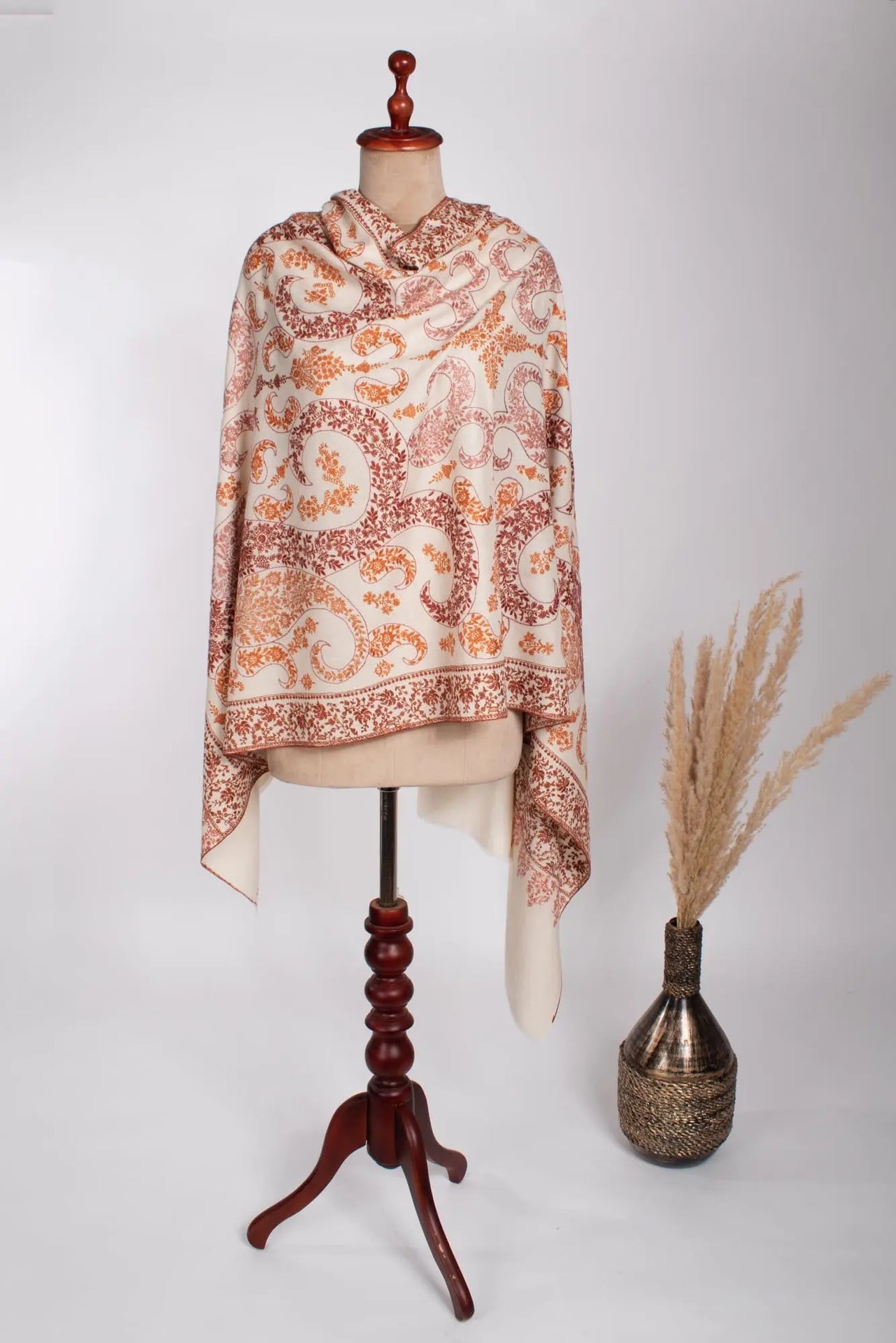 Ivory Paisley Embroidered Pashmina Shawl - FOWEY Shahkaar