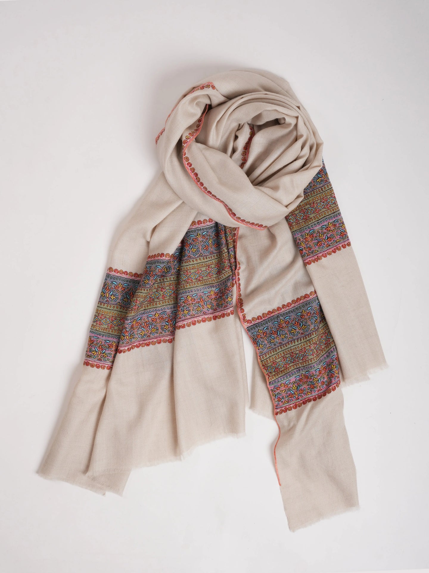Ivory Palla Embroidered Handwoven Pashmina Shawl Shahkaar