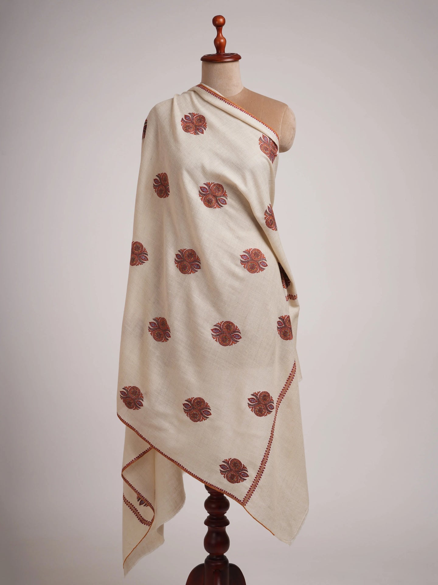 Ivory Pashmina Shawl with Booti Sozni Embroidery Shahkaar