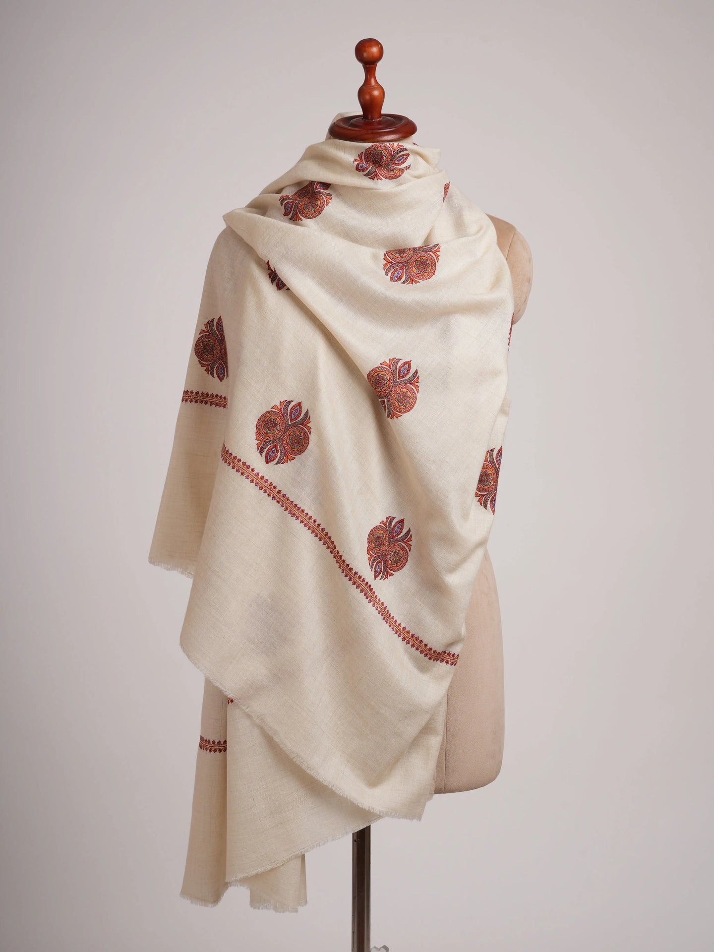 Ivory Pashmina Shawl with Booti Sozni Embroidery Shahkaar