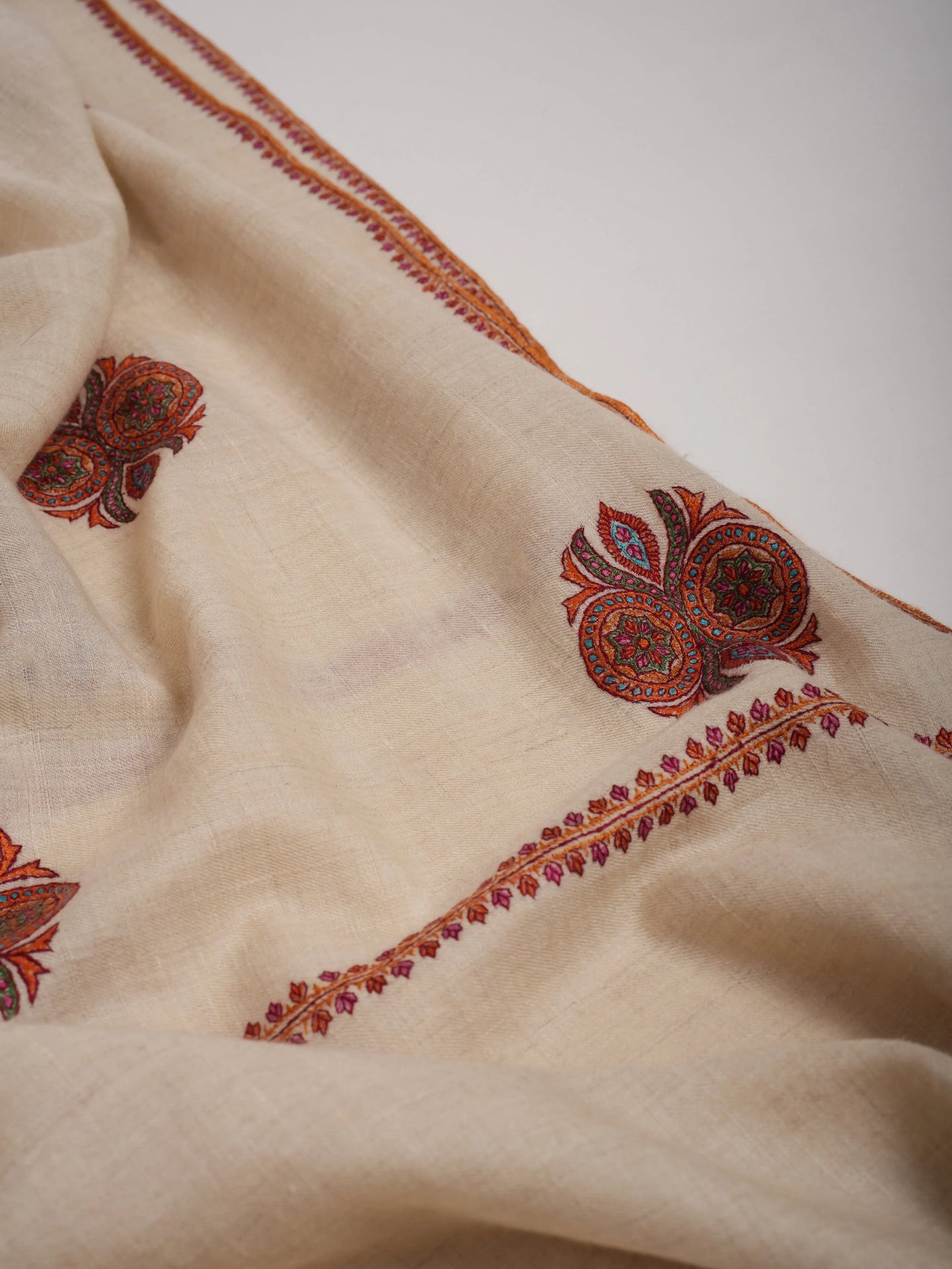 Ivory Pashmina Shawl with Booti Sozni Embroidery Shahkaar