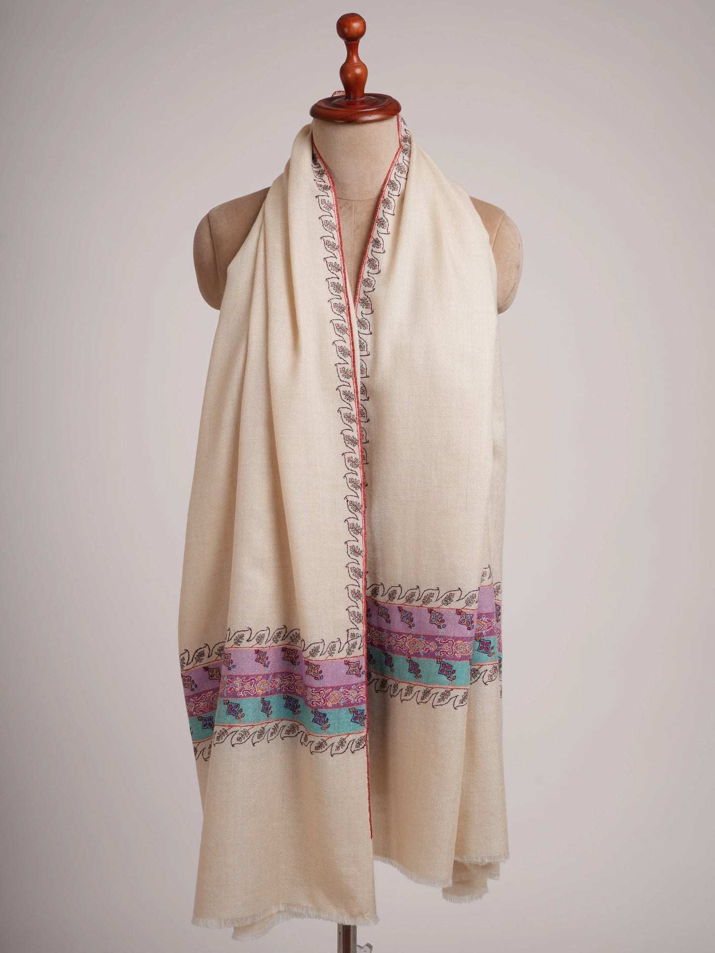 Ivory Pashmina Shawl with Minimalistic Needle work Shahkaar