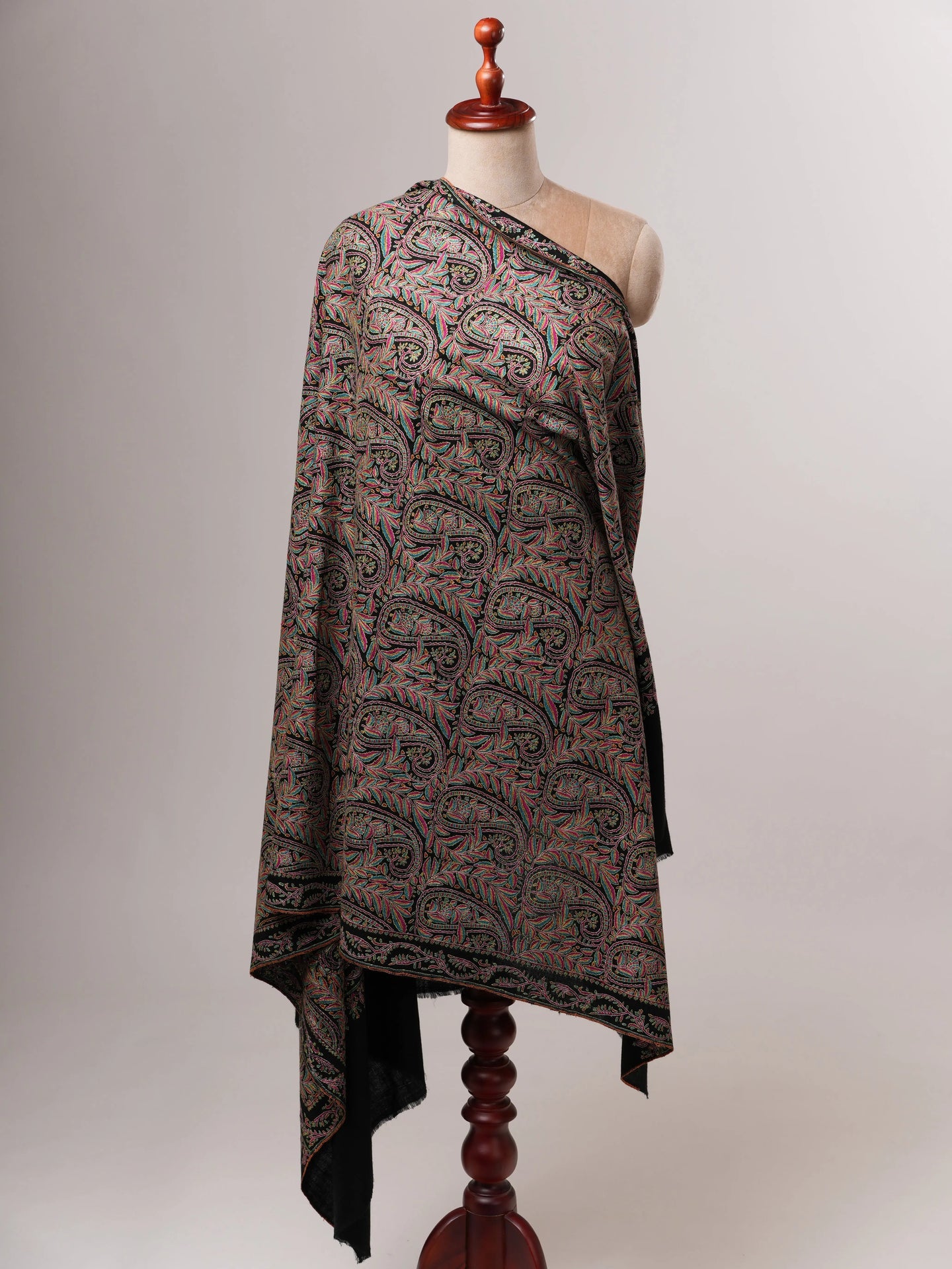 Kashmiri Black Pashmina Jamavar Shawl with Detailed Paisley Handwork Shahkaar