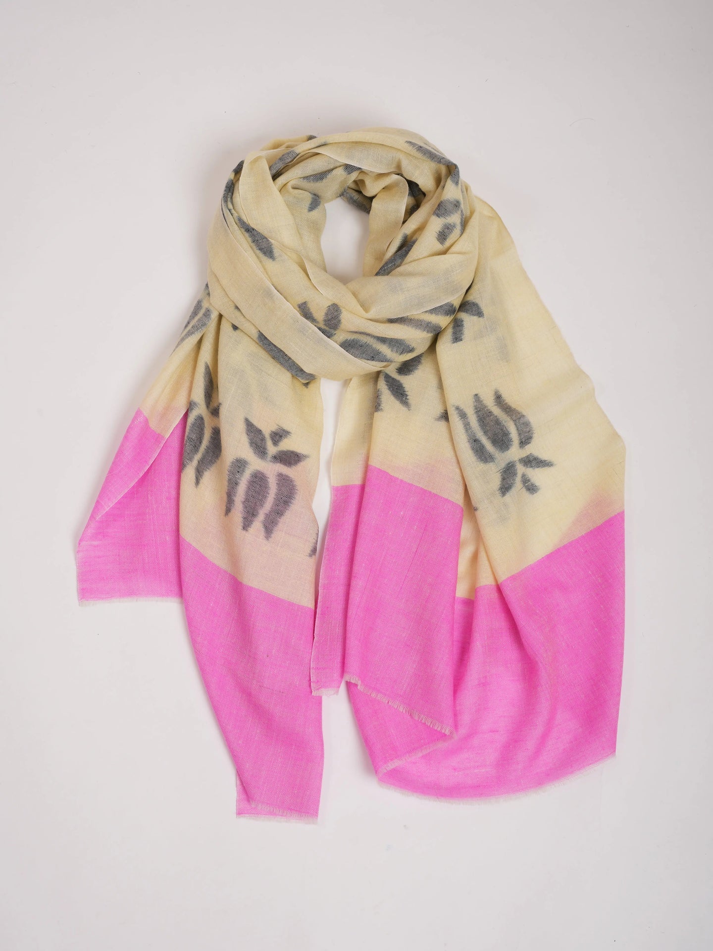 Lotus Ikat Pashmina Shawl in Pearl Black and Pink Color Shahkaar