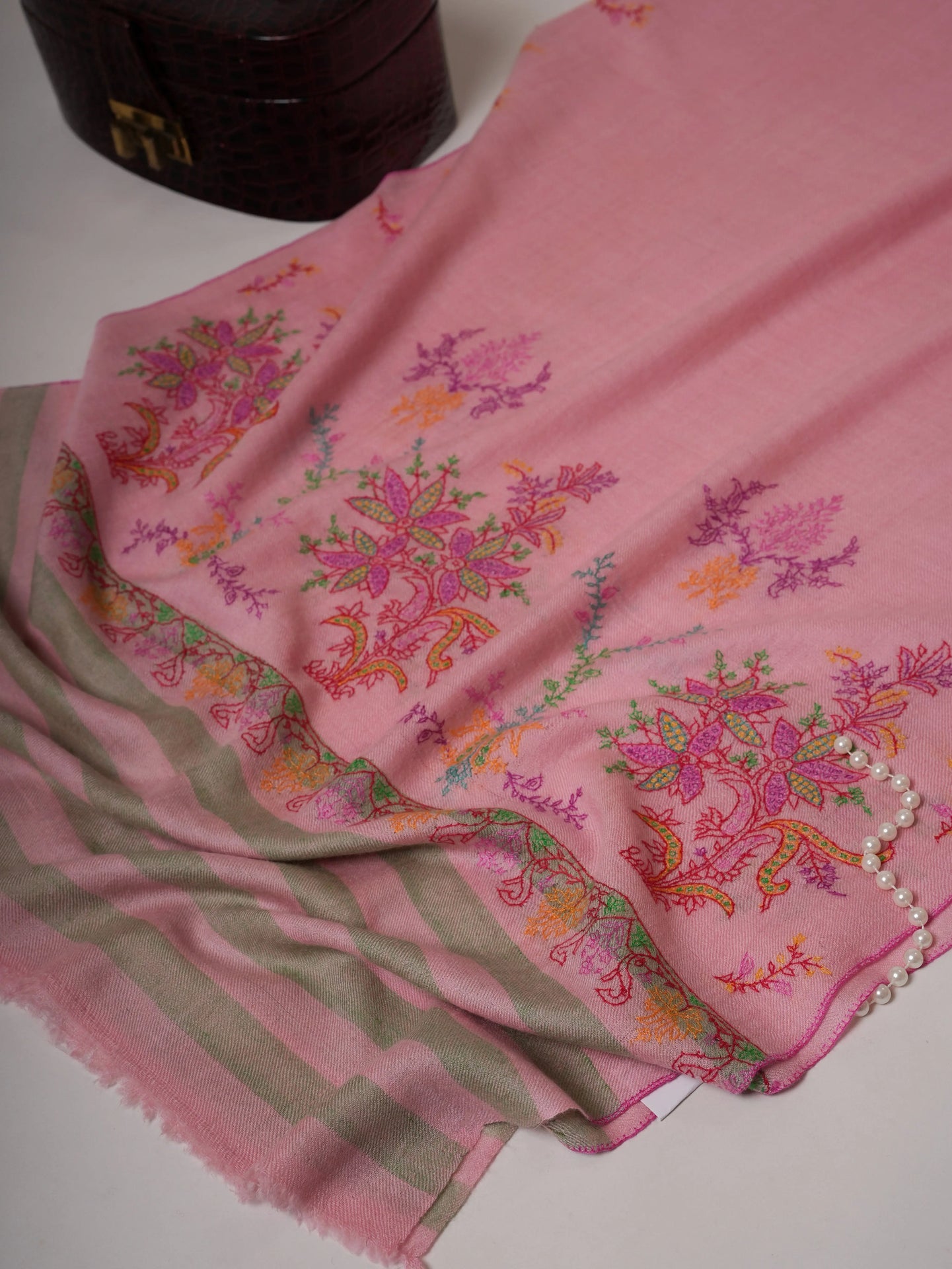 Luxurious Baby Pink Cashmere Scarf Featuring Delicate Palla Handwork Shahkaar