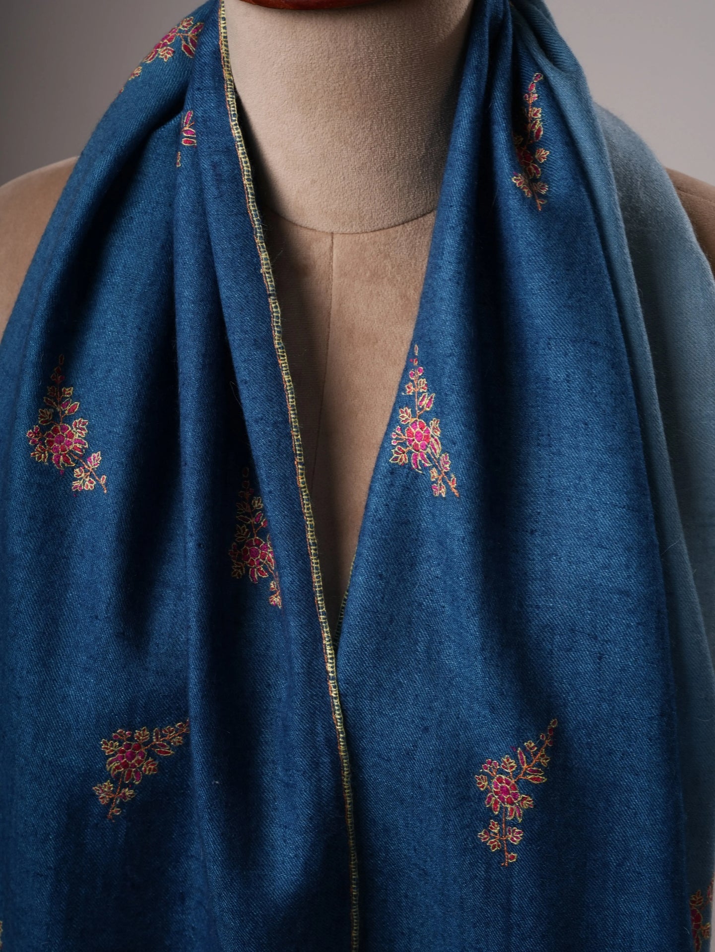 Luxurious Ombré Blue Cashmere Scarf with Palla and Buti Handwork Shahkaar