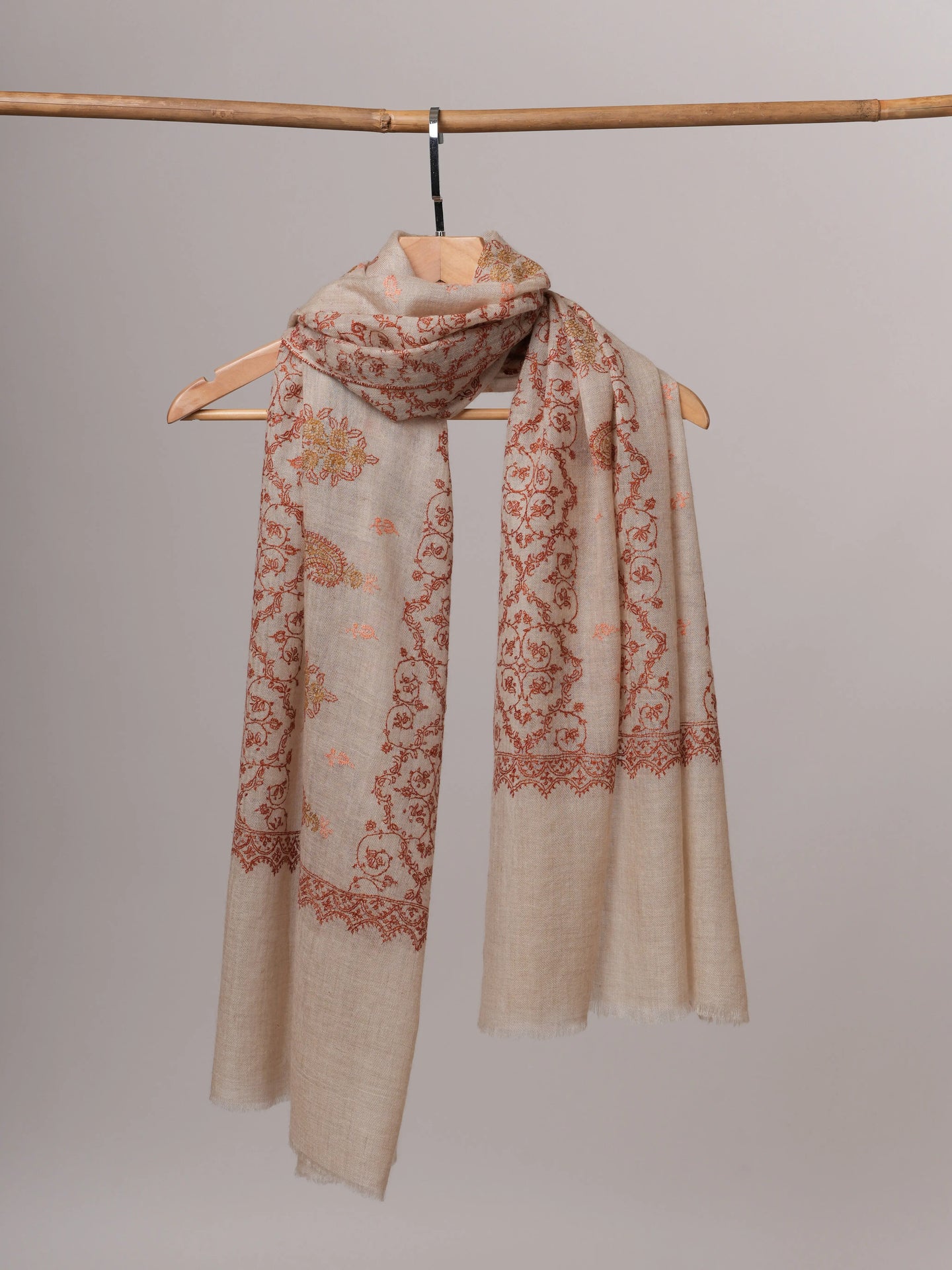 Luxurious Soft Off White Cashmere Wrap with All Over Embroidery Shahkaar