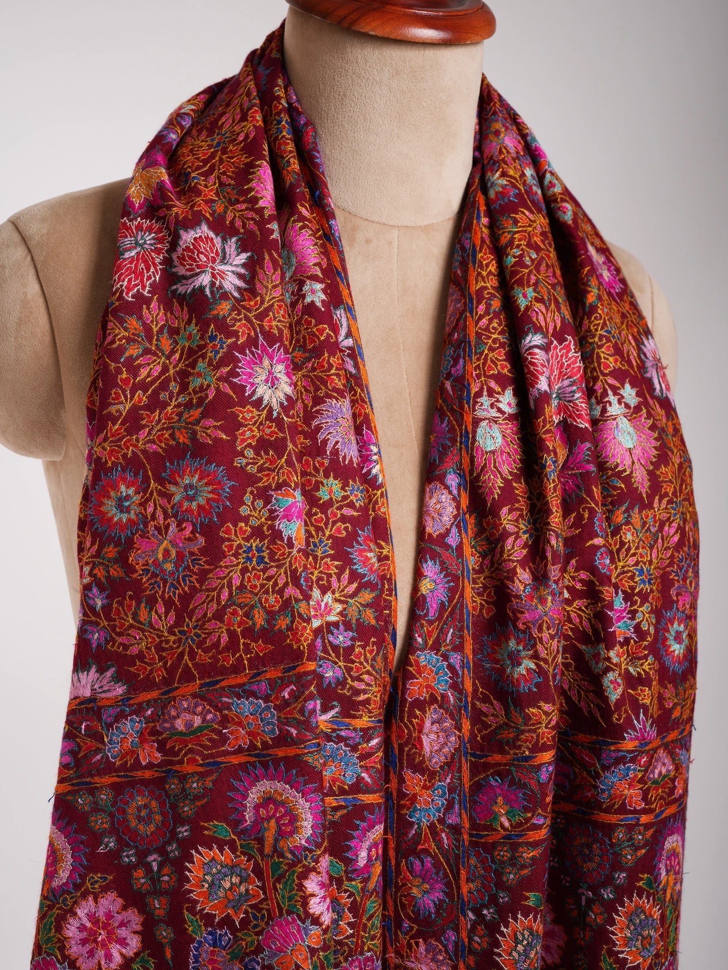 Maroon Hand Embroidered Pashmina Exclusive Jamavar Shawl Shahkaar