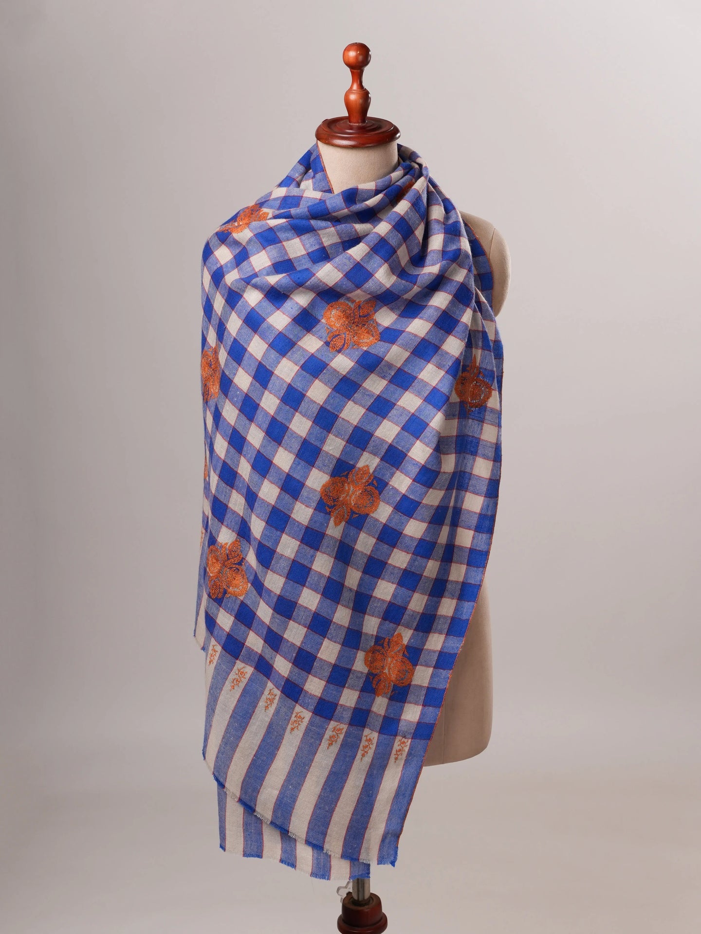 Modern Checked Cashmere Scarf with Traditional Buteh Embroidery Shahkaar