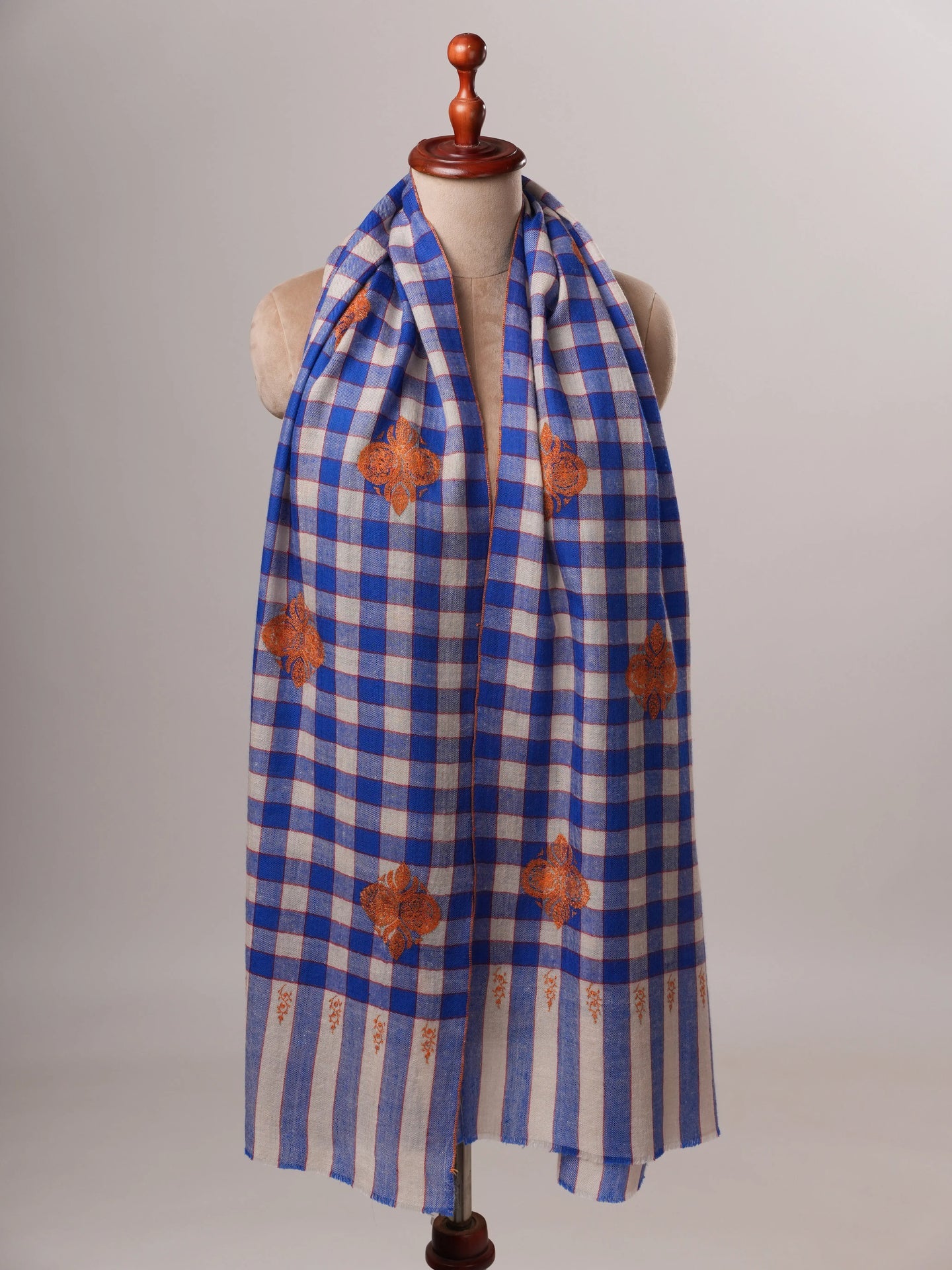 Modern Checked Cashmere Scarf with Traditional Buteh Embroidery Shahkaar