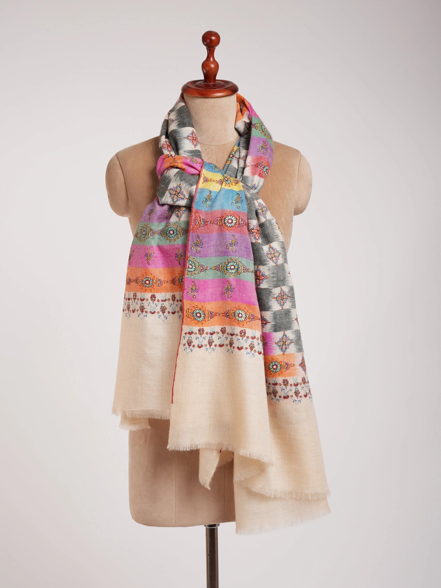Multicolor Handwoven Ikat Embroidered Kashmiri Pashmina Shawl Shahkaar