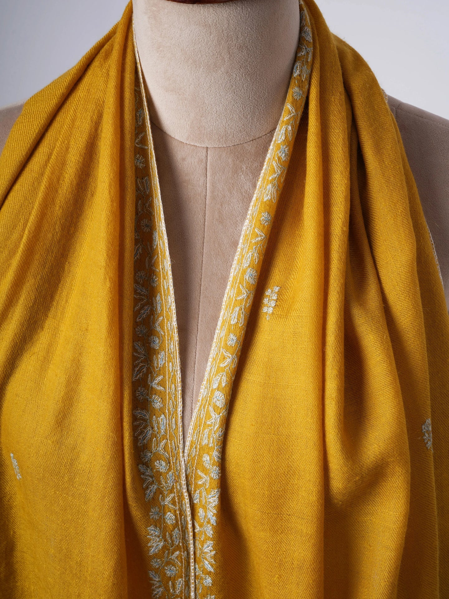 Mustard Baby Soft Cashmere Scarf with Intricate Needlework – Wearable Art Shahkaar