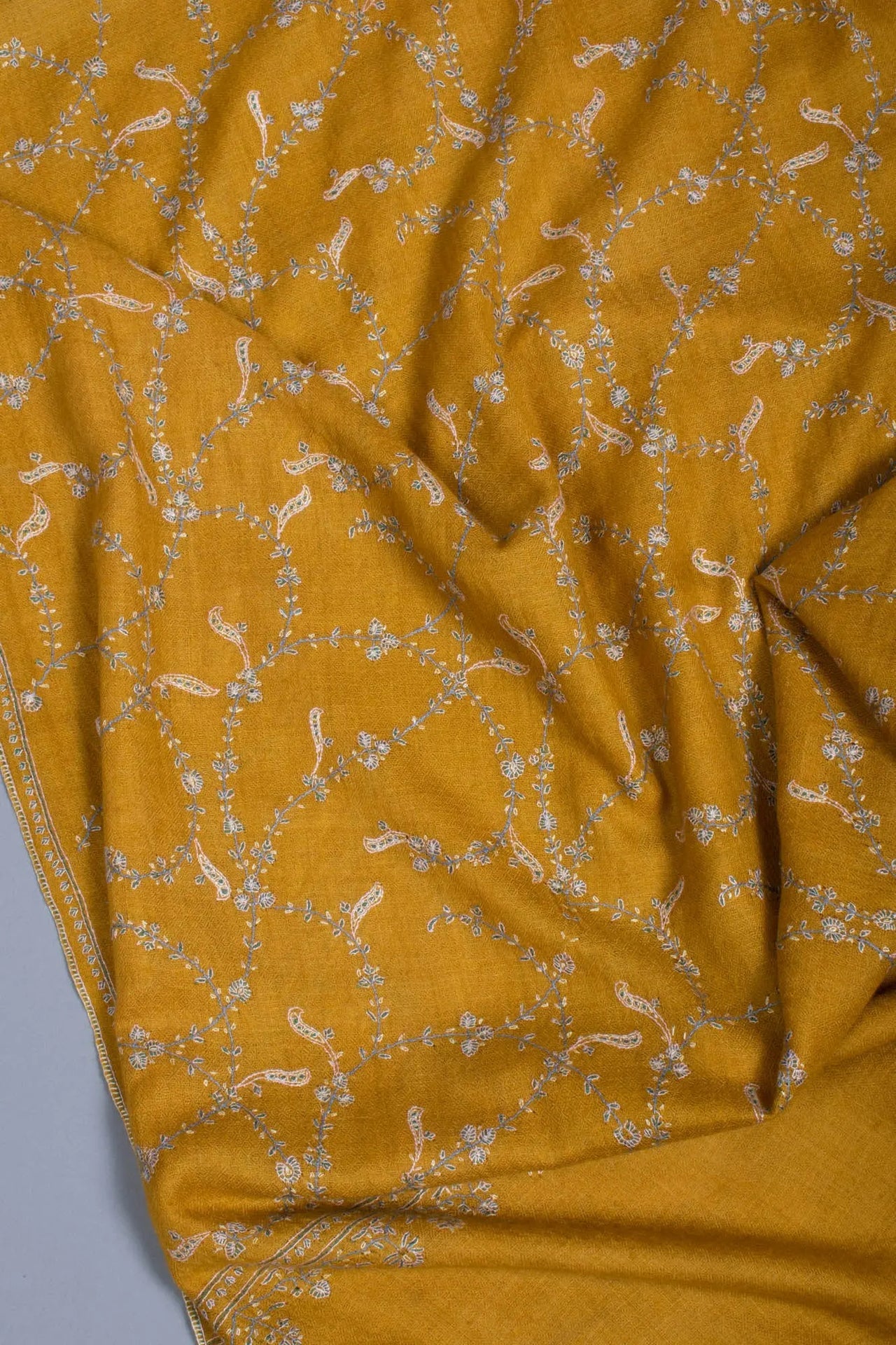 Mustard Floral Embroidered Cashmere Scarf. Shahkaar