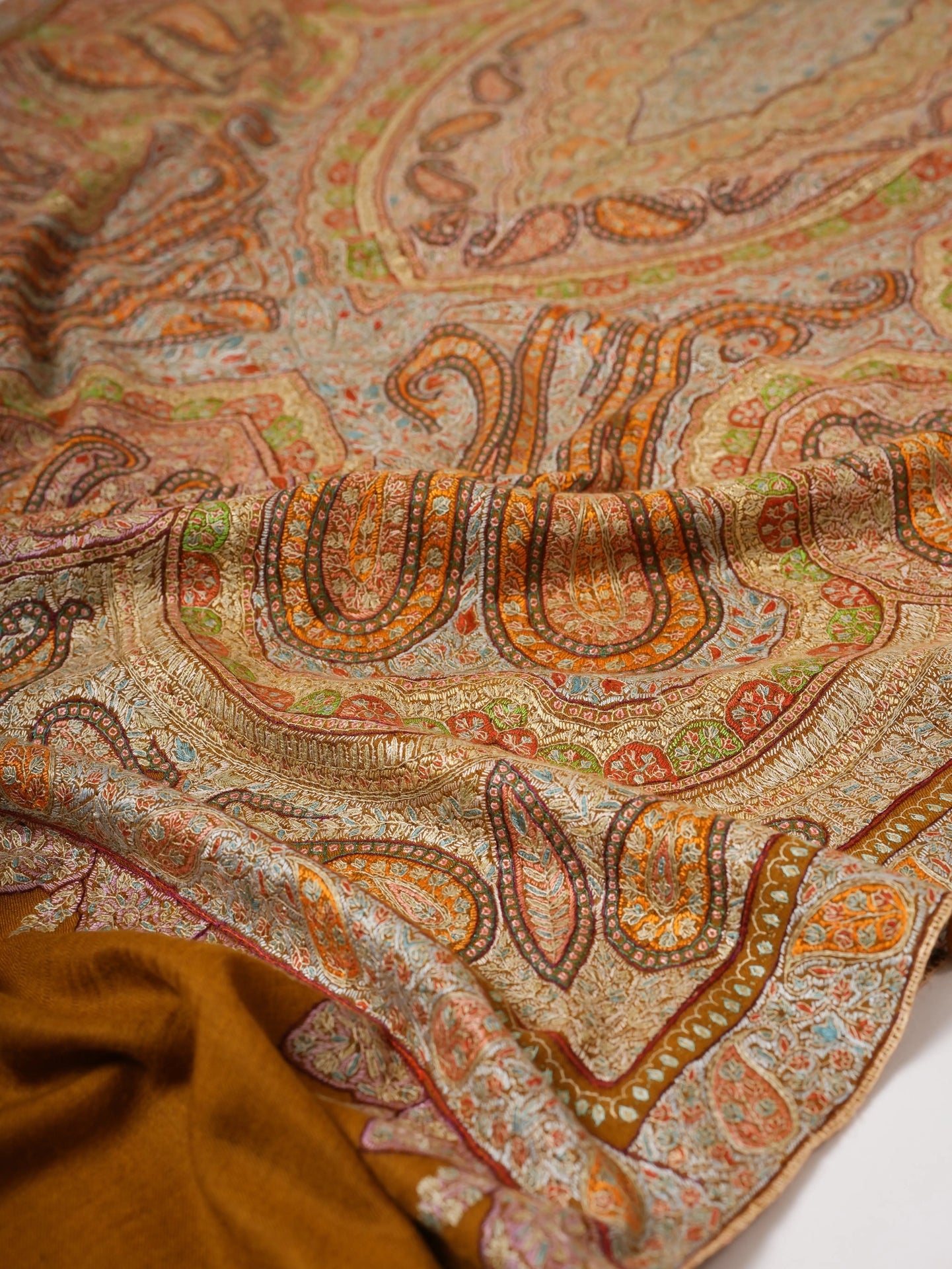 Mustard Kashmiri Pashmina Shawl with Detailed Hand Embroidery Shahkaar