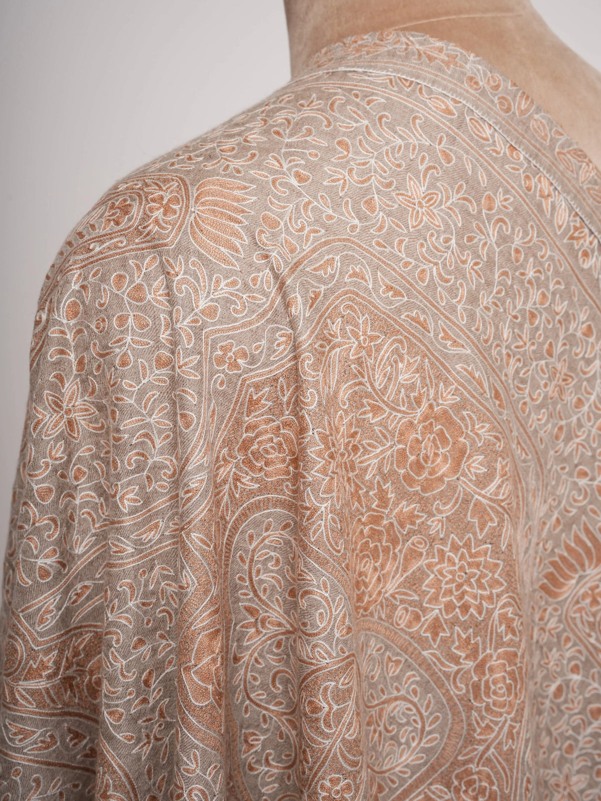 Natural Beige Pashmina Shawl with Hand Embroidered Kalamkari Work Shahkaar