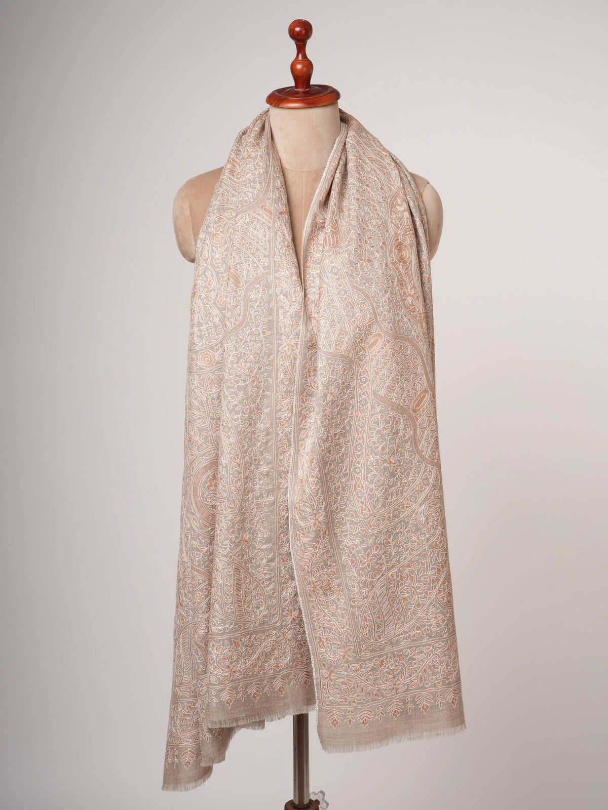 Natural Beige Pashmina Shawl with Hand Embroidered Kalamkari Work Shahkaar