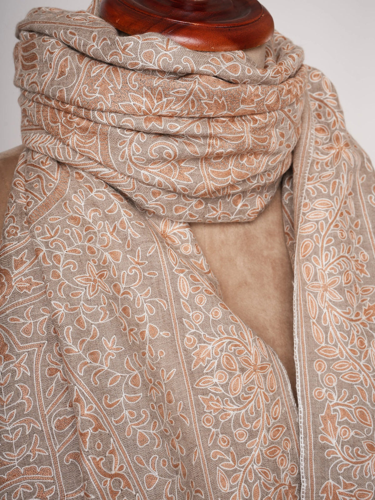 Natural Beige Pashmina Shawl with Hand Embroidered Kalamkari Work Shahkaar