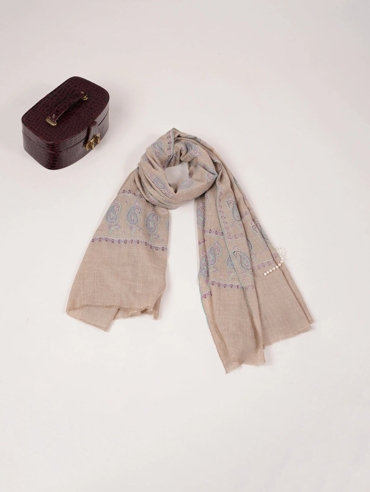 Natural Beige Warm Pashmina Shawl with Buteh Hand Embroidery
