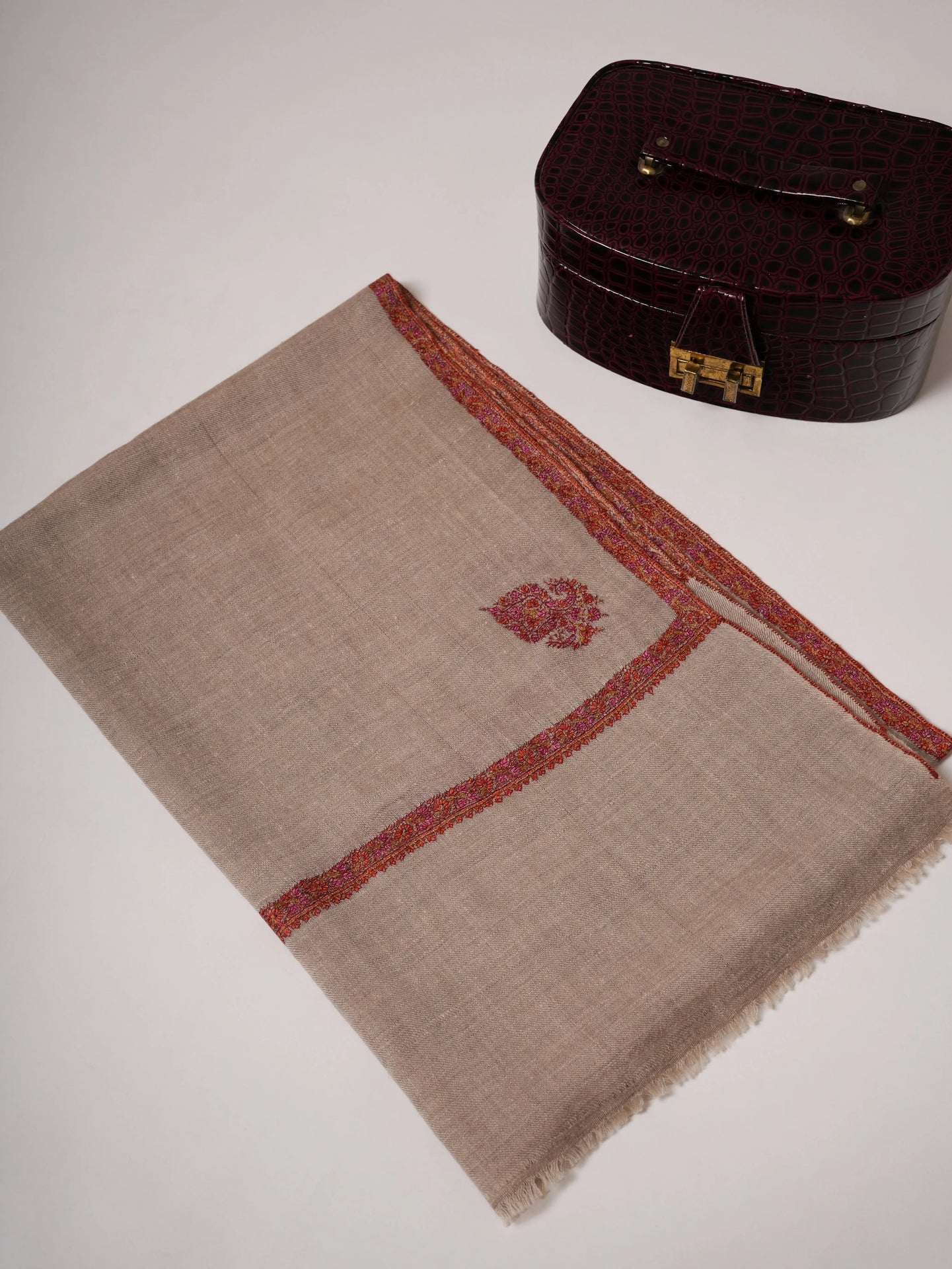 Natural Grey Baby Soft Cashmere Scarf with Classic Hashia & Corner Embroidery Shahkaar