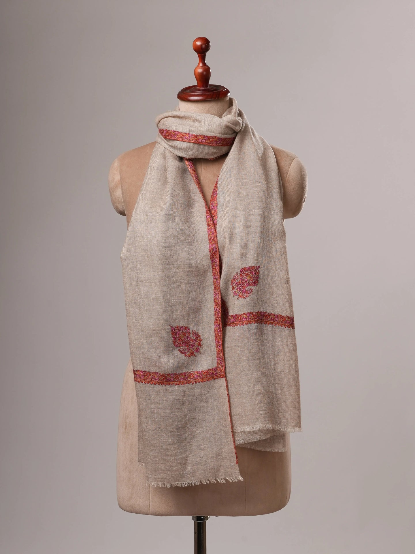 Natural Grey Baby Soft Cashmere Scarf with Classic Hashia & Corner Embroidery Shahkaar