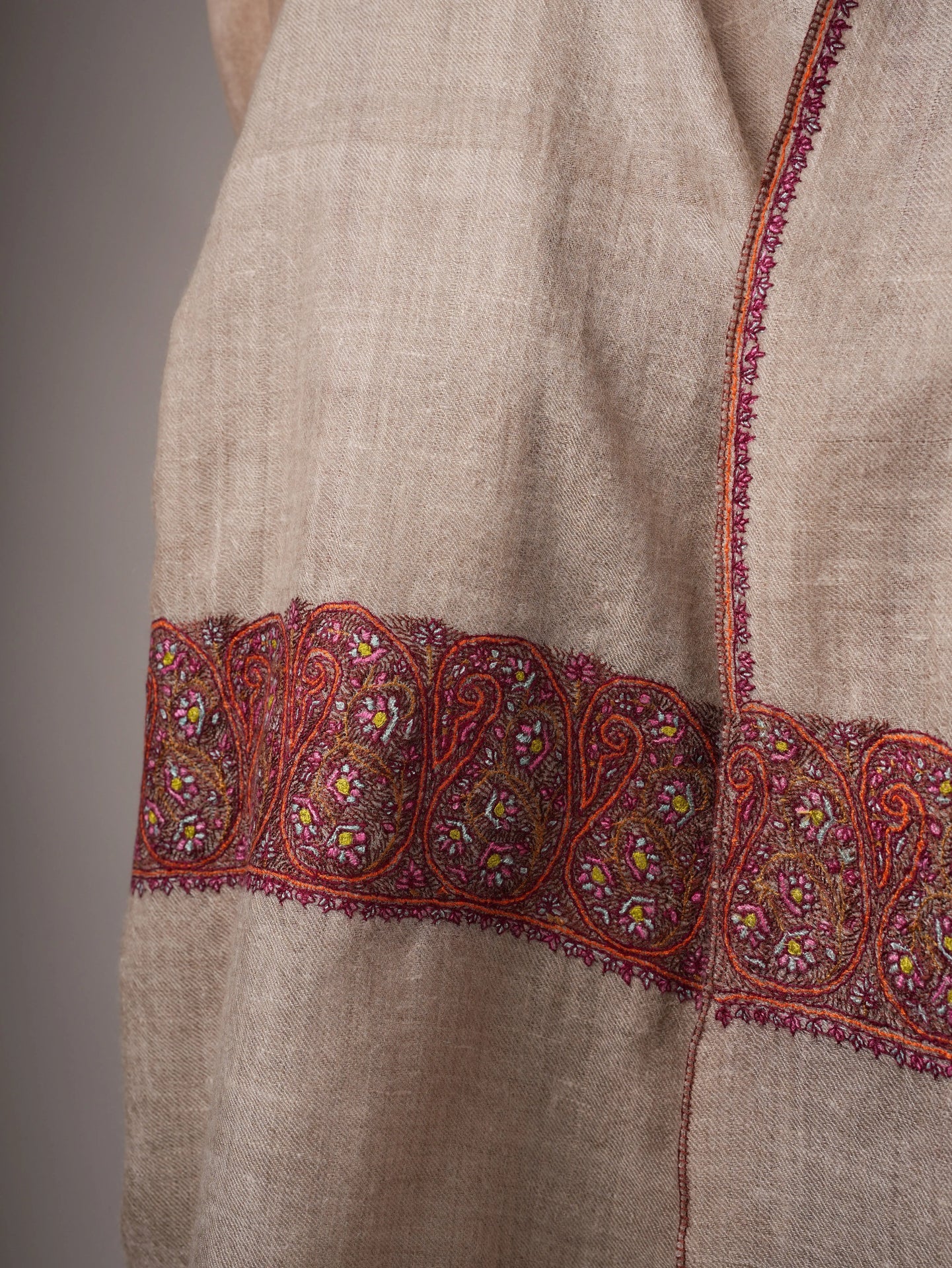 Natural Grey Baby Soft Cashmere Scarf with Hand-Embroidered Palla Shahkaar