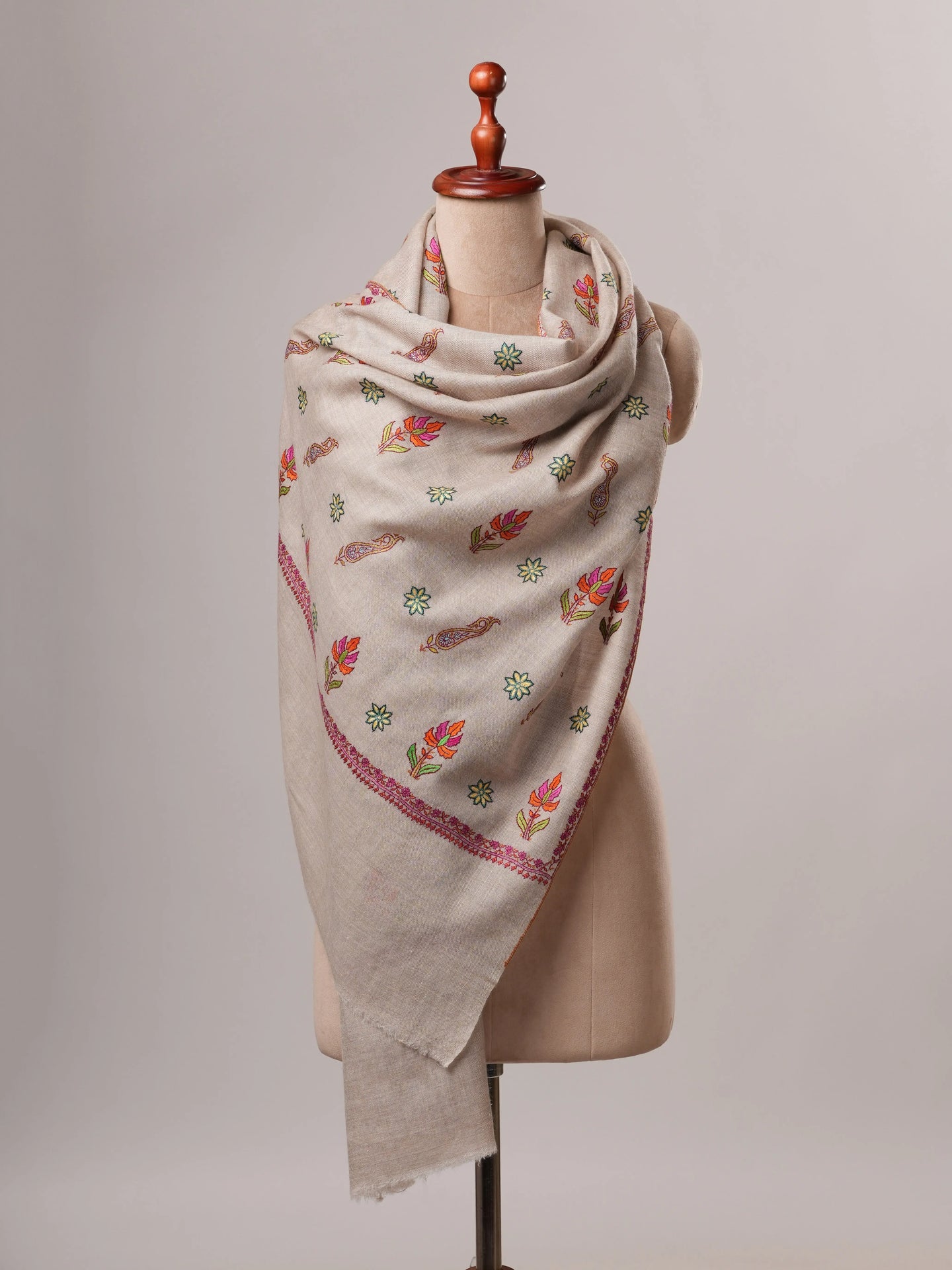 Natural Grey Cashmere Scarf with All-Over Buteh Sozni Embroidery Shahkaar