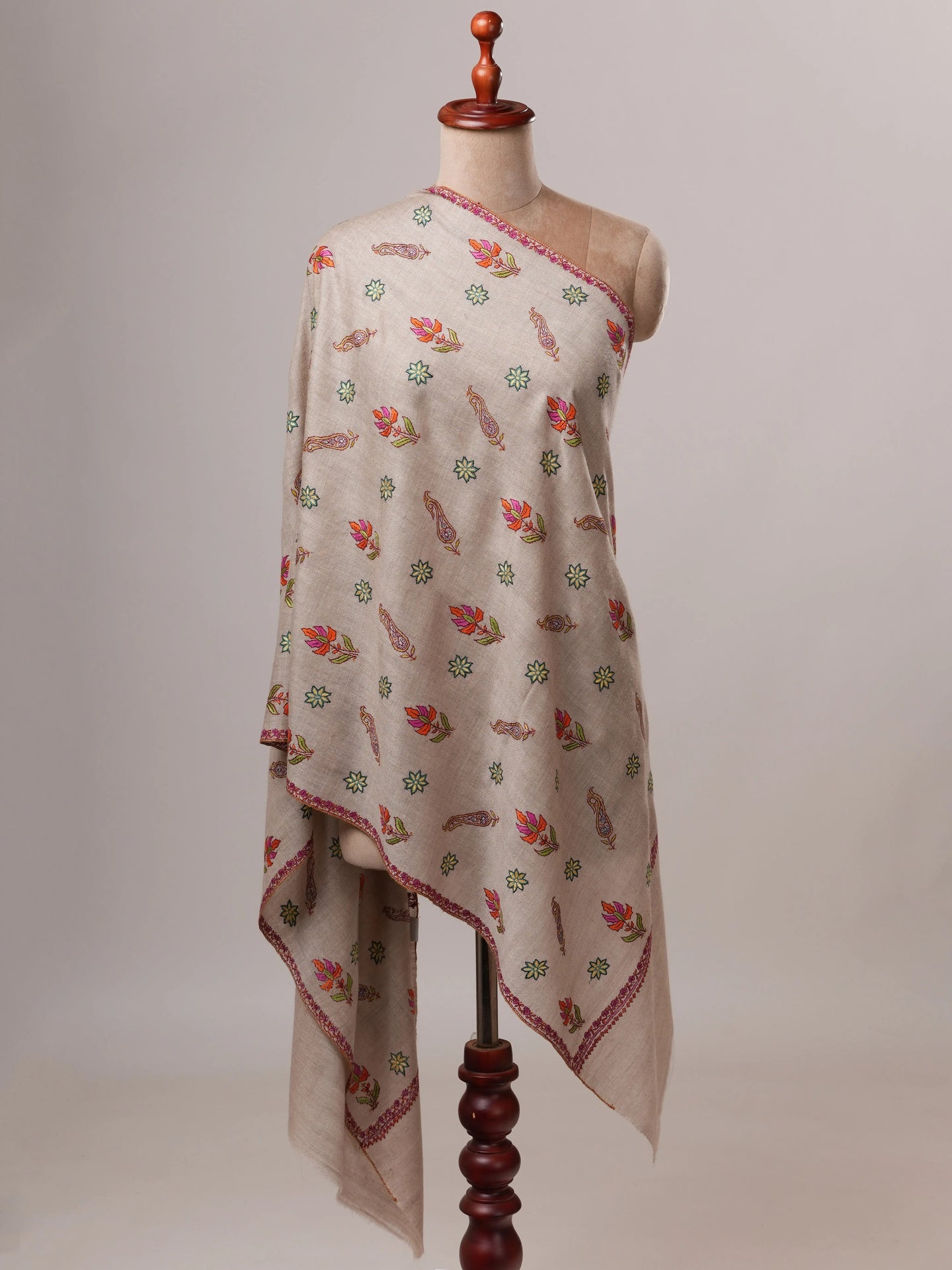 Natural Grey Cashmere Scarf with All-Over Buteh Sozni Embroidery Shahkaar
