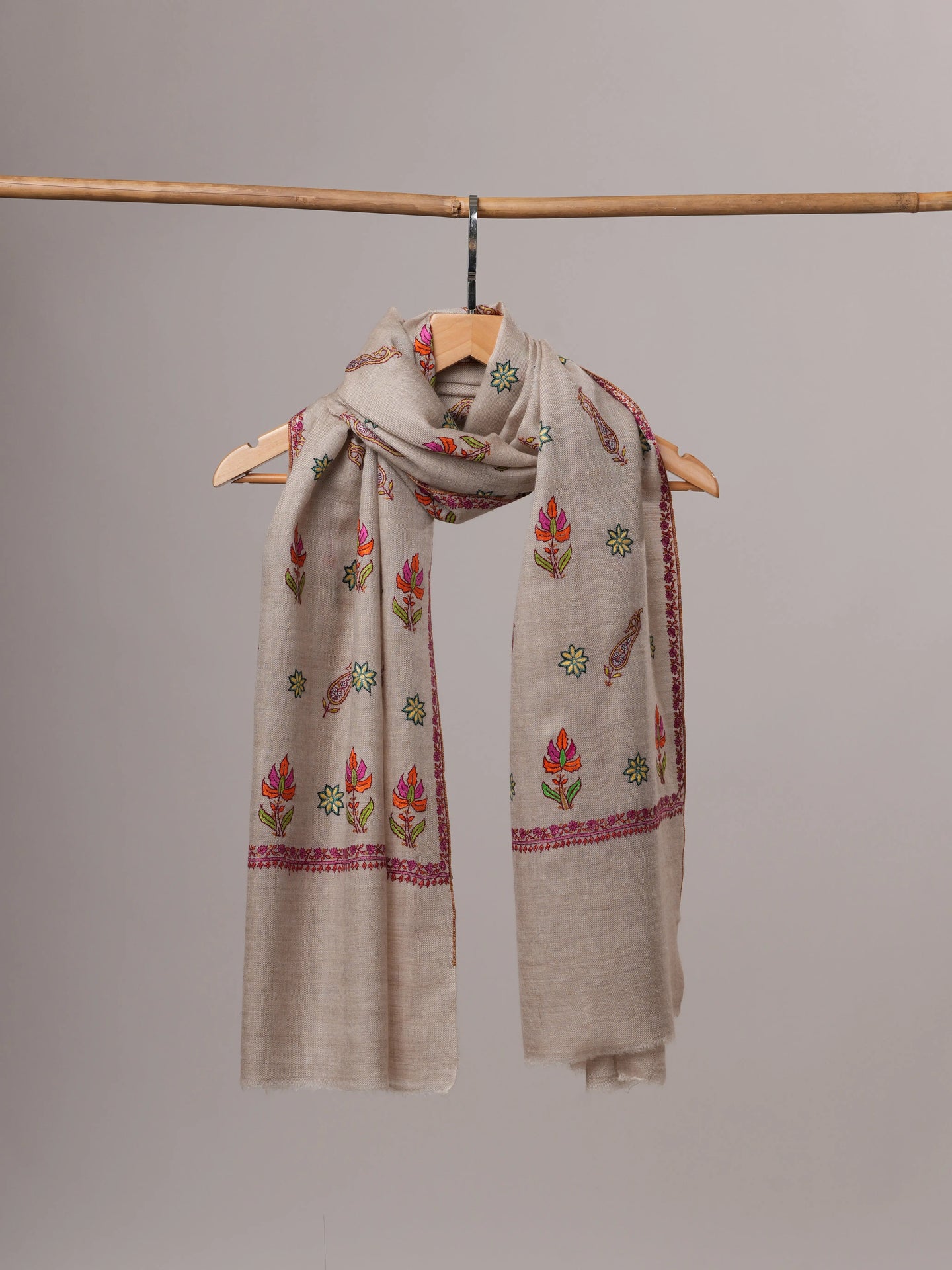 Natural Grey Cashmere Scarf with All-Over Buteh Sozni Embroidery Shahkaar
