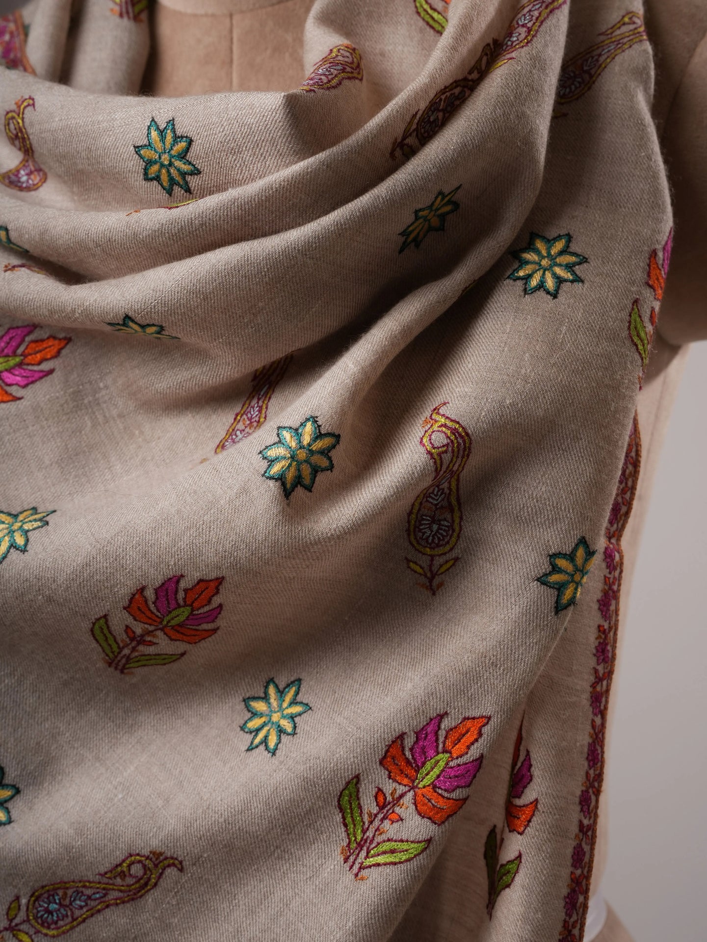 Natural Grey Cashmere Scarf with All-Over Buteh Sozni Embroidery Shahkaar