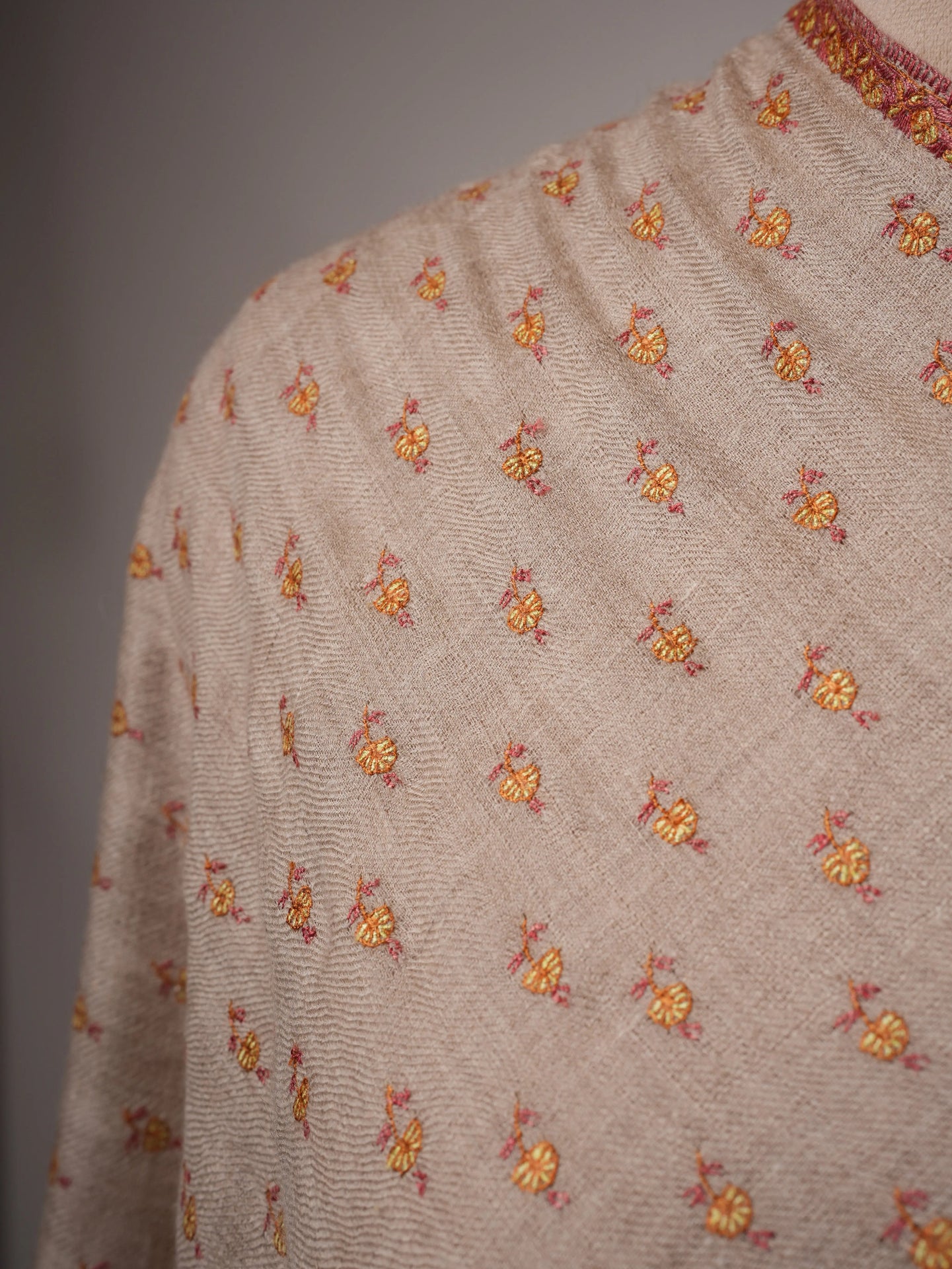 Natural Grey Cashmere Scarf with All-Over Machie Buteh Hand Embroidery Shahkaar