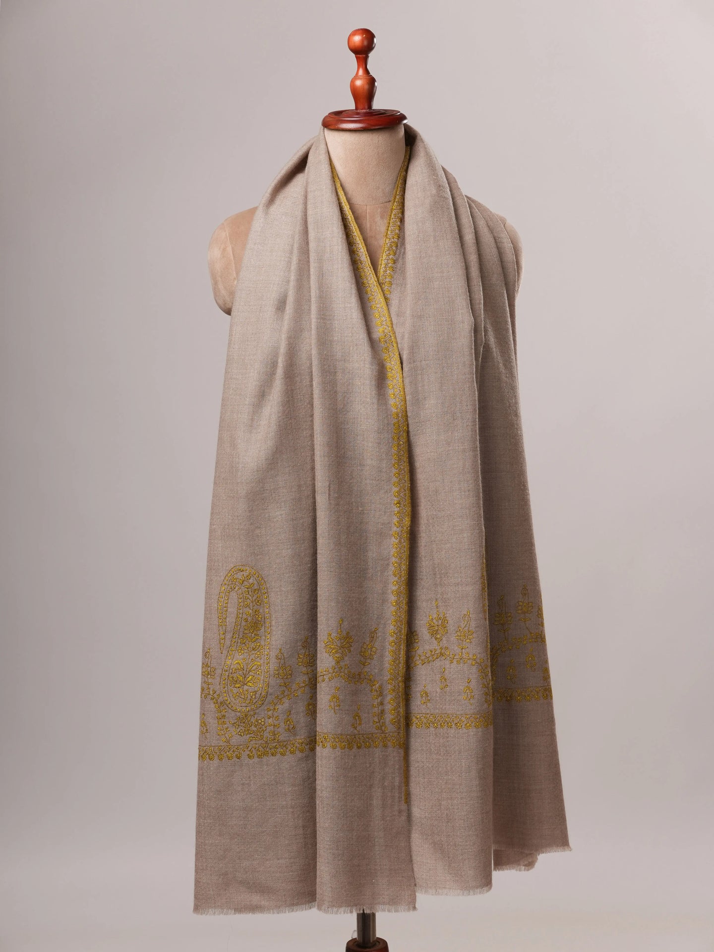 Natural Grey Cashmere Scarf with Palla Hand Embroidery Shahkaar