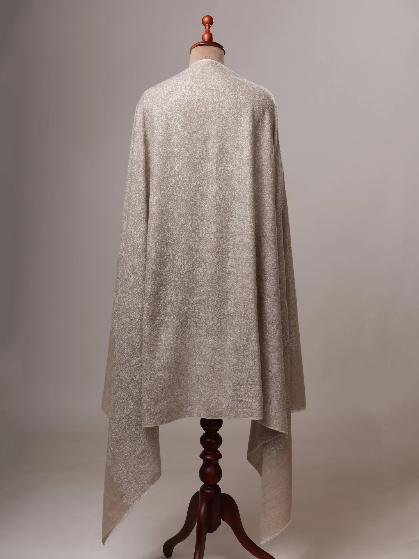 Natural Grey Indian Pashmina Shawl with All-Over White Embroidery Shahkaar