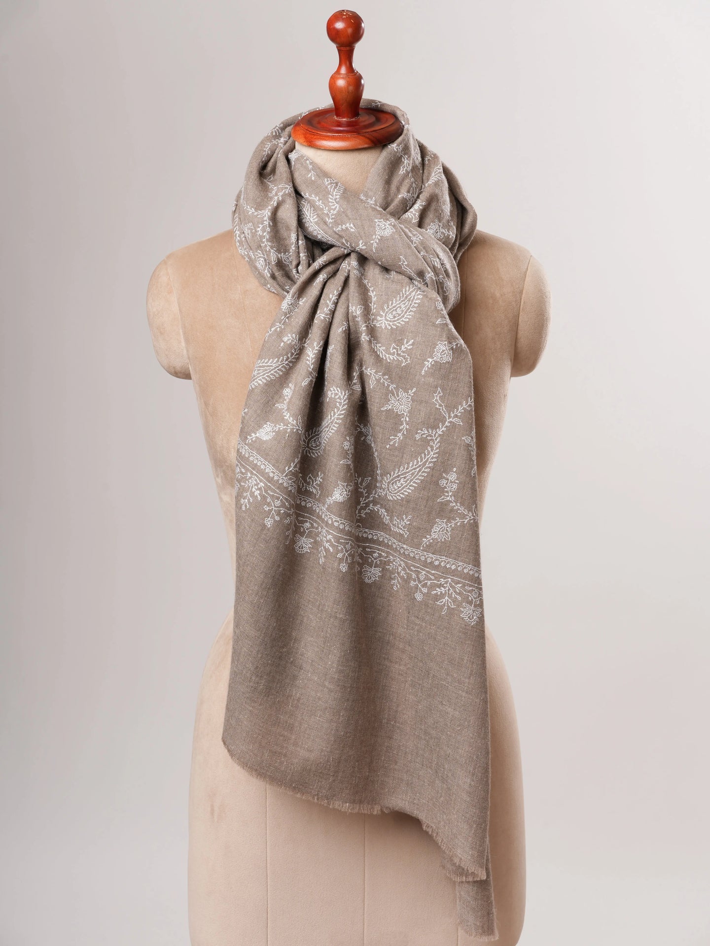 Natural Grey Kashmiri Pashmina Shawl with White Sozni Embroidery - Shahkaar