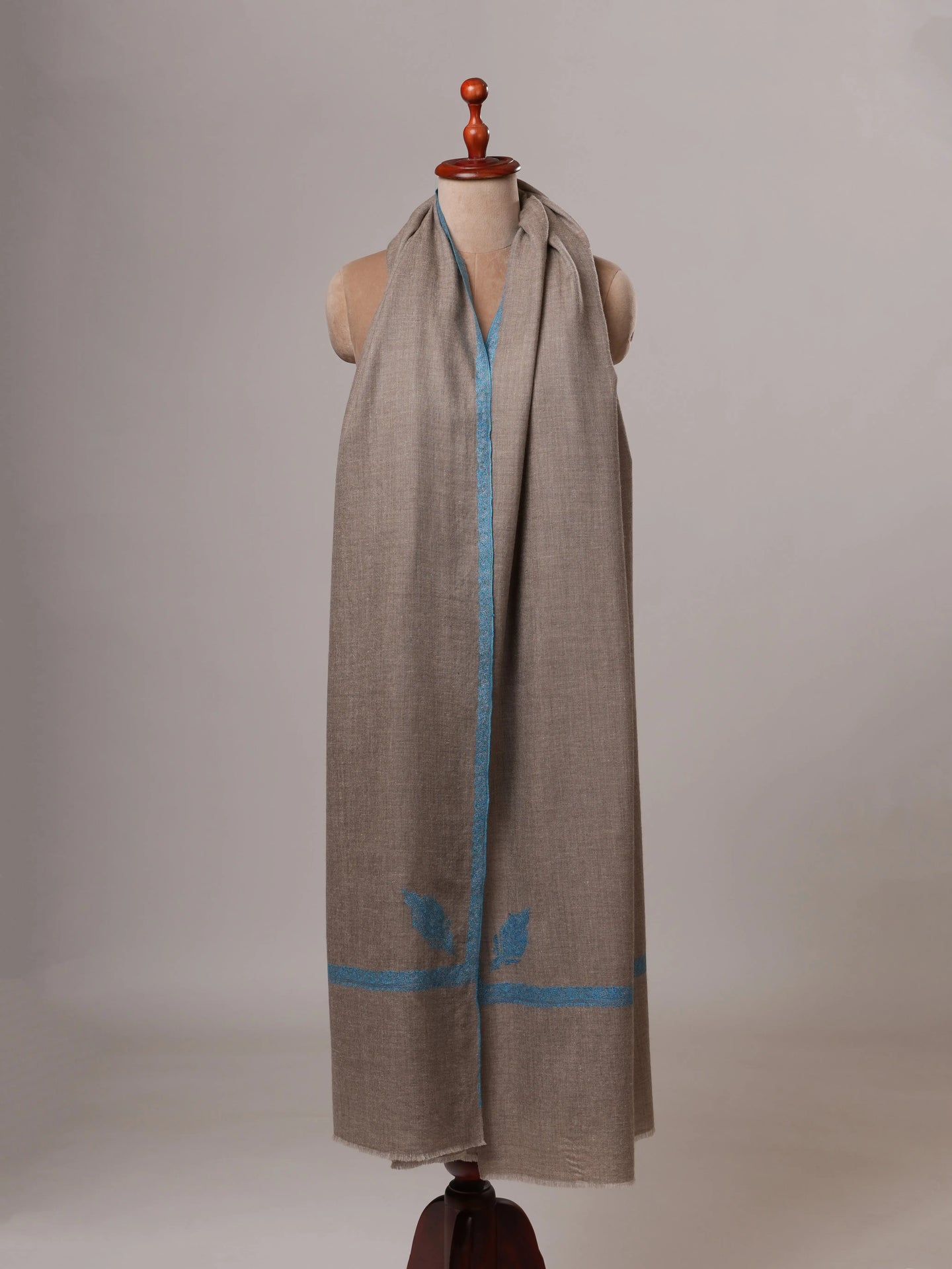 Natural Grey Oversized Pashmina Shawl with Blue Hashia Hand Embroidery Shahkaar