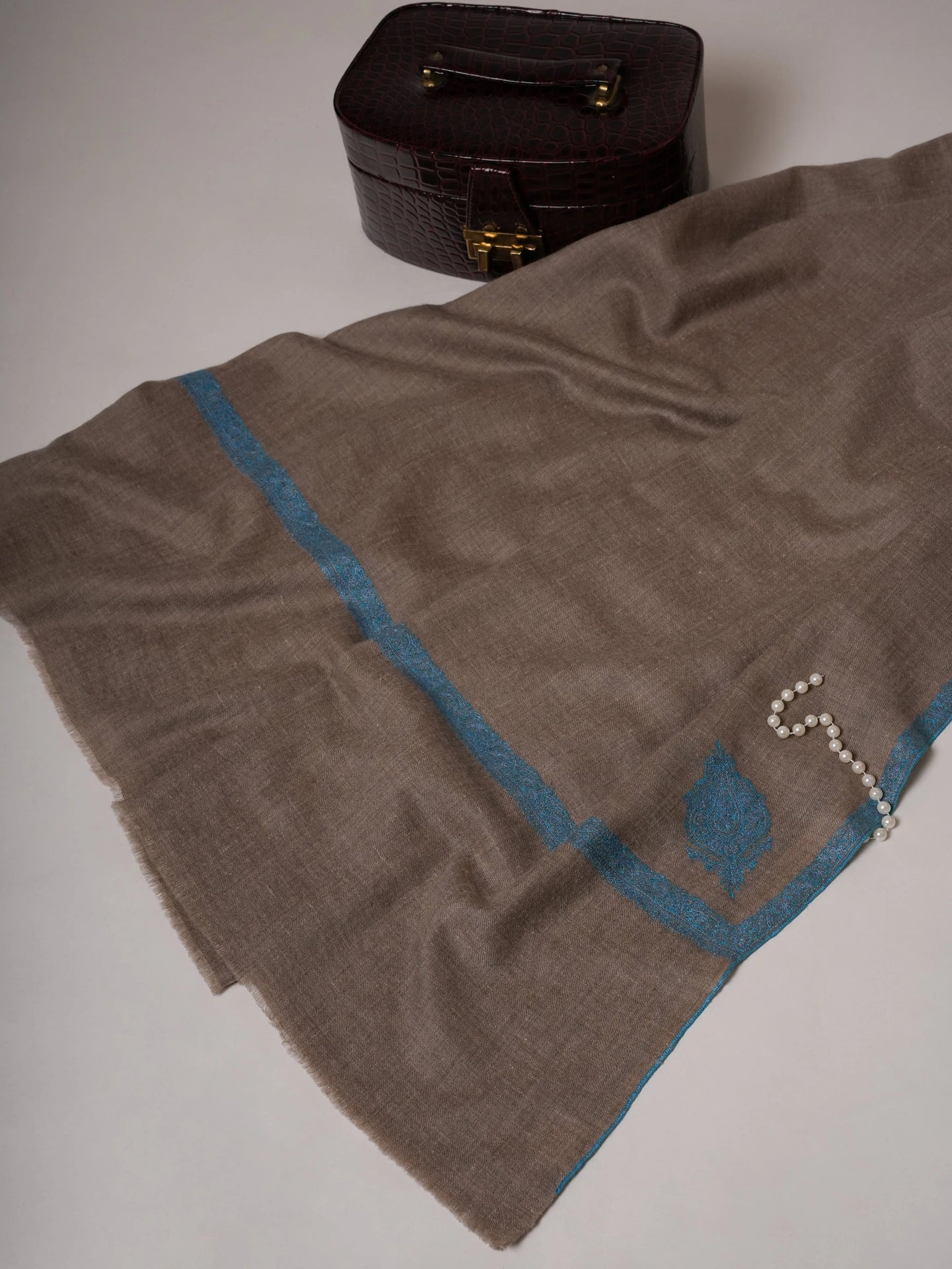 Natural Grey Oversized Pashmina Shawl with Blue Hashia Hand Embroidery Shahkaar